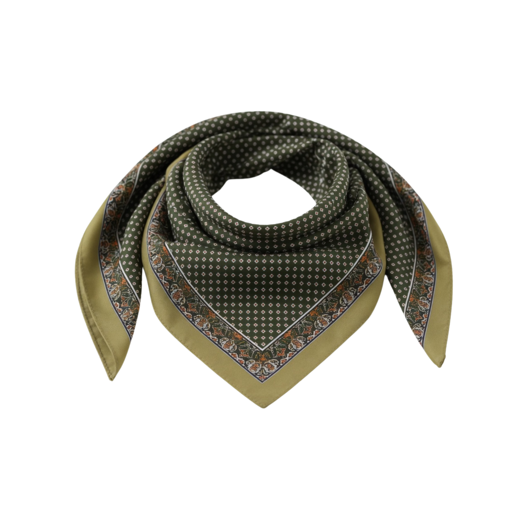 Elegant drapiertes Seidentuch für Damen in Olivgrün auf neutralem Hintergrund. Die lockere Faltung betont den fließenden Stoff, das feine geometrische Muster und die dekorative Blumen-Bordüre an den Rändern dieses hochwertigen Accessoires.