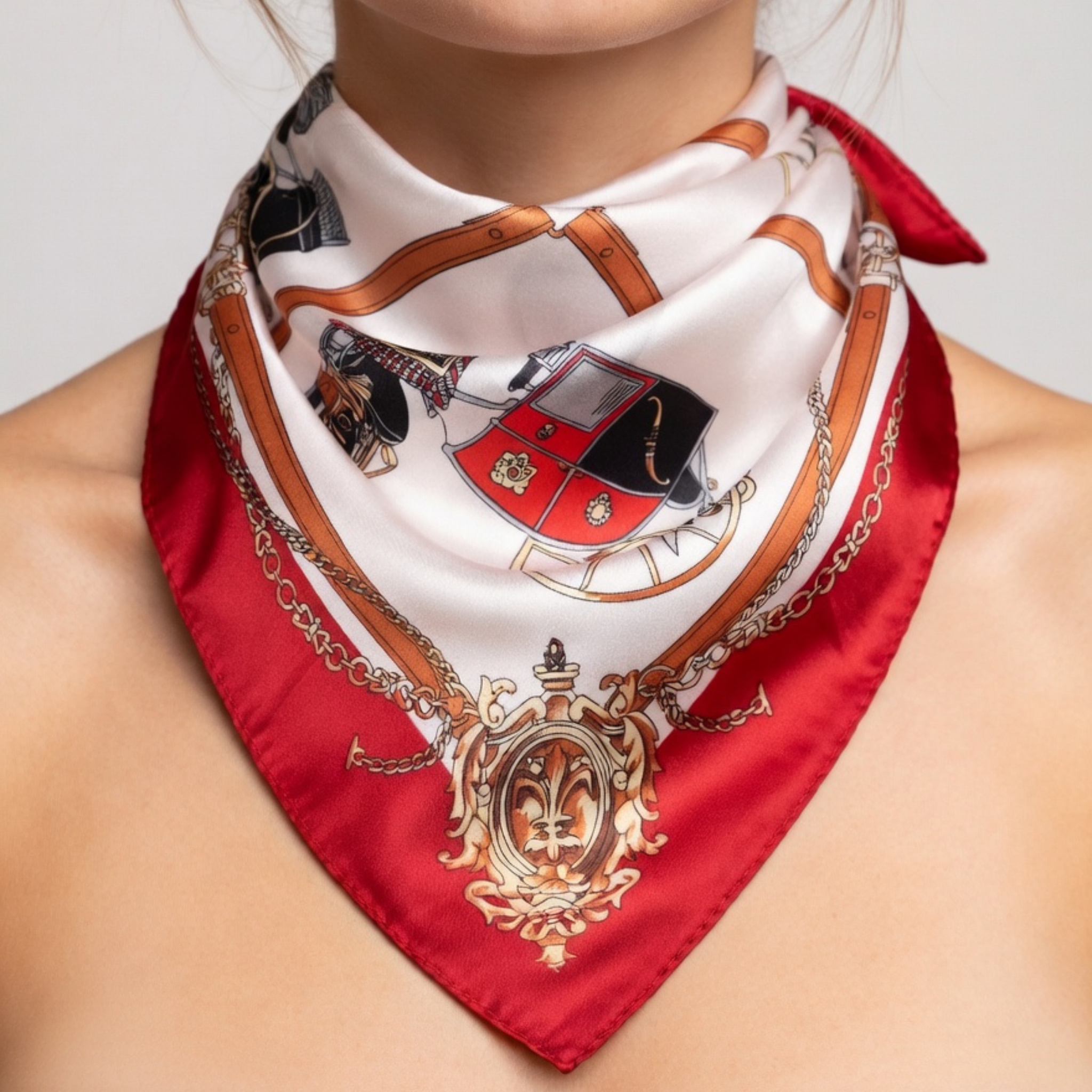Nickituch aus Seide mit rotem Rand und Kutschen-Motiv, elegant um den Hals geknotet.
