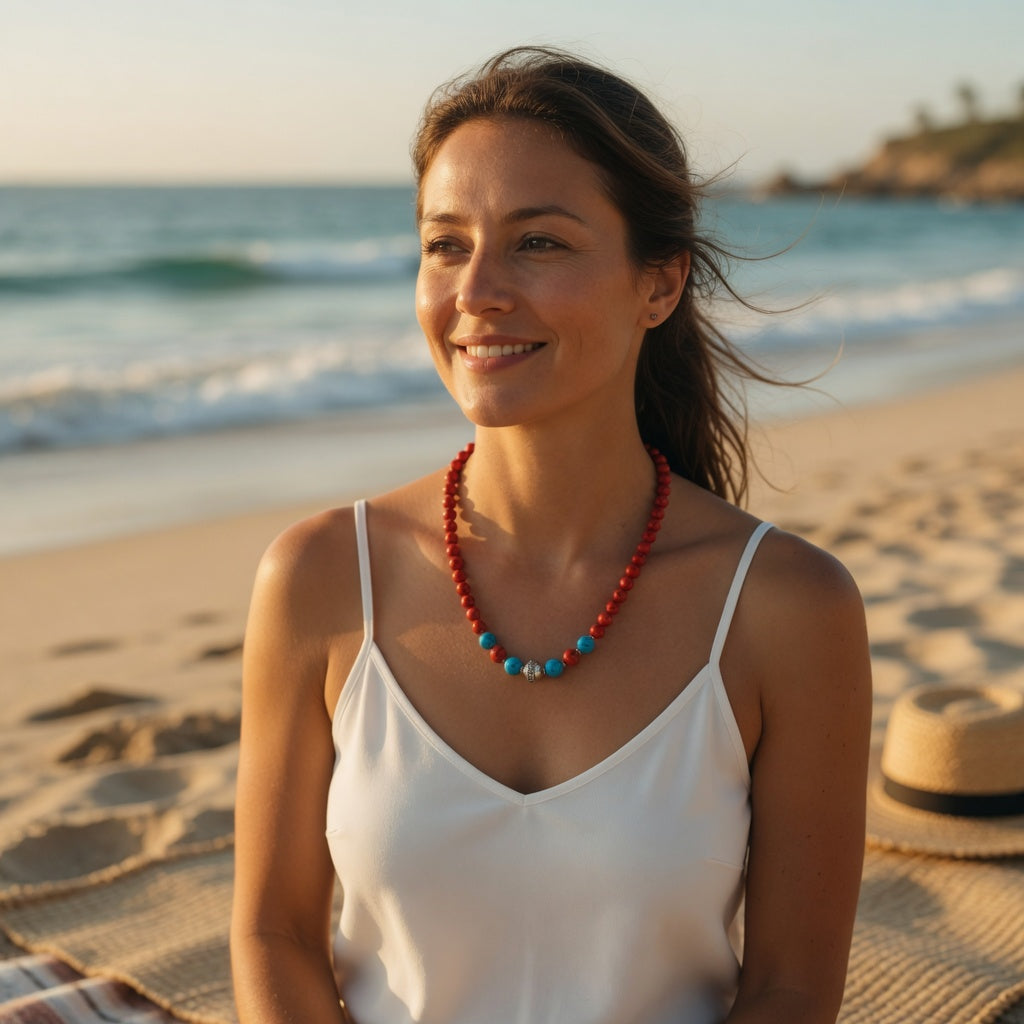 Eine lächelnde Frau am Strand im Sonnenuntergang, die eine rote Edelsteinkette mit türkisfarbenen Perlen zu einem weißen Top trägt.