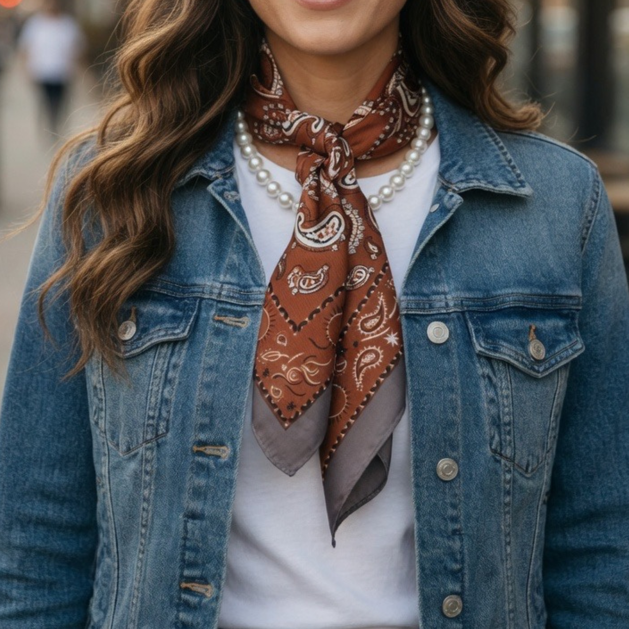 Casual Look mit einem braun gemusterten Paisley-Halstuch, Perlenkette und einer klassischen blauen Jeansjacke.