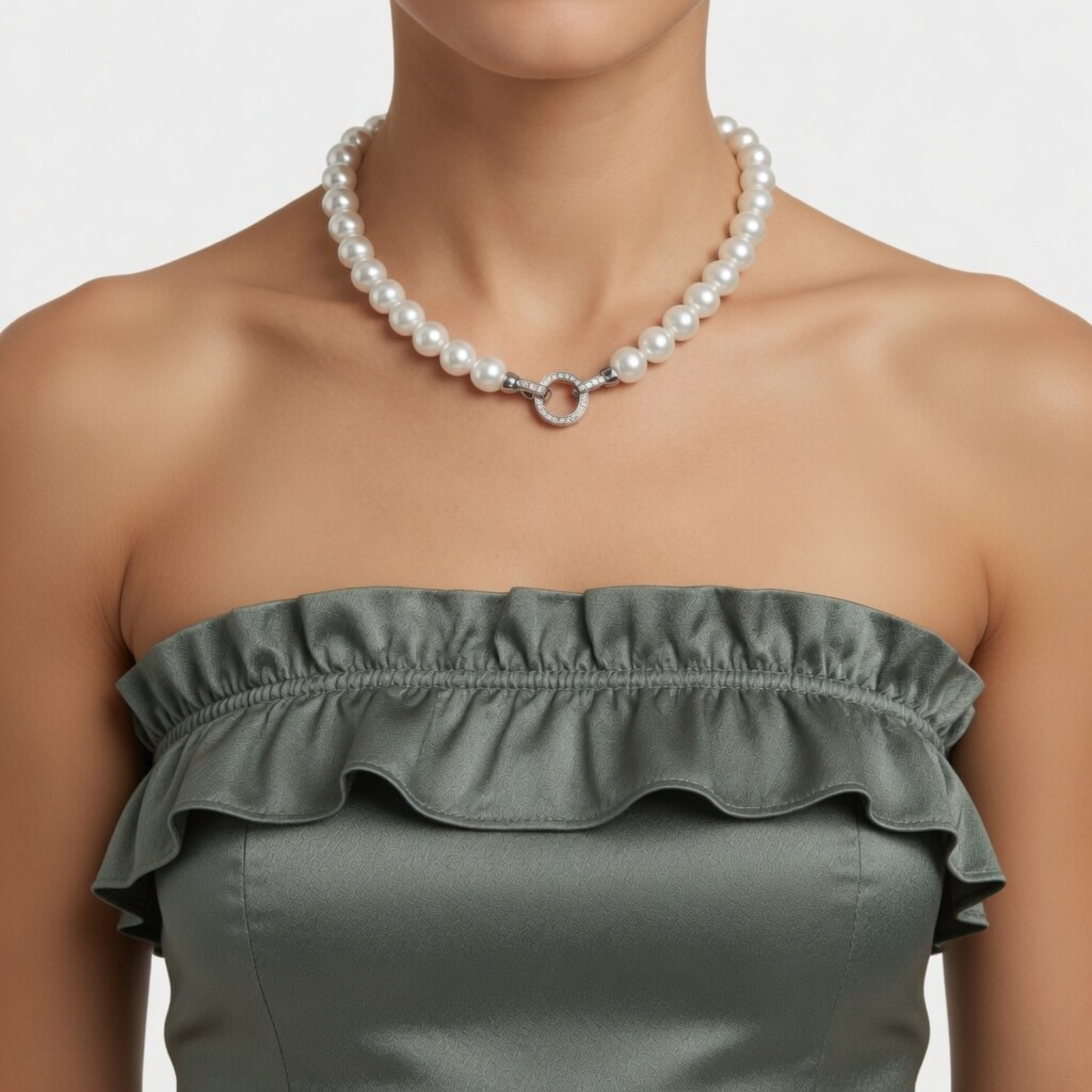 Eine Frau trägt die weiße Perlenkette zu einem schulterfreien, dunkelgrünen Abendkleid mit Volants. Der Schmuckverschluss setzt einen modernen Akzent zum klassischen Design der Perlen.