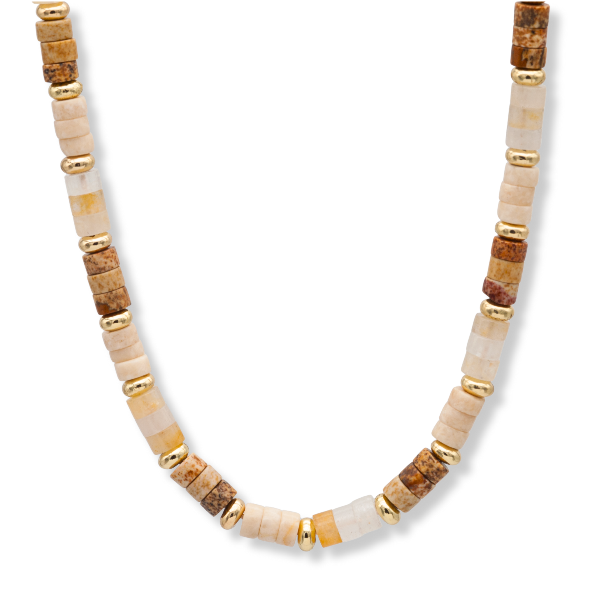 Heishi Kette aus Landschaftsjaspis Naturstein mit goldfarbenen Zwischenelementen, erdige Töne.