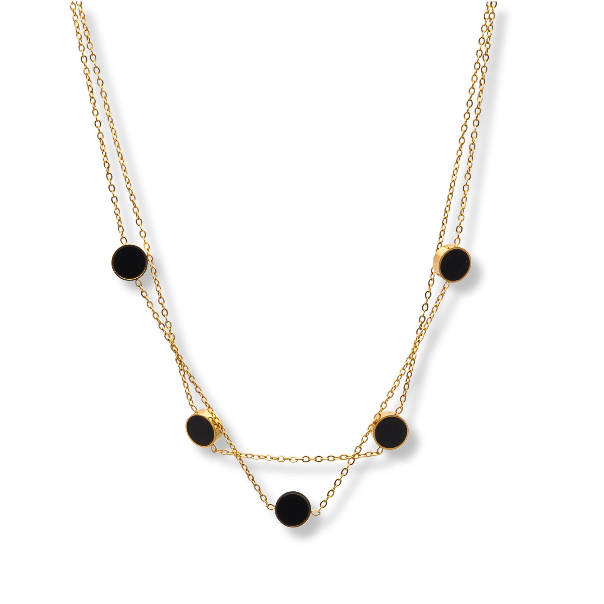 Goldene Doppelkette mit runden Details aus Schwarz und Perlmutt, 40 cm + 5 cm Verlängerung