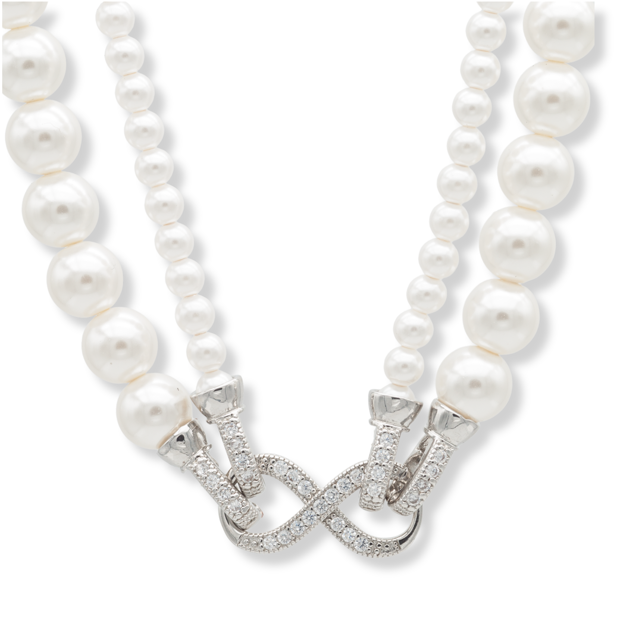 Weiße Mother of Pearl Kette mit Strass-Unendlichkeitsanhänger Doppelstrang-Nahaufnahme -Deteilbild