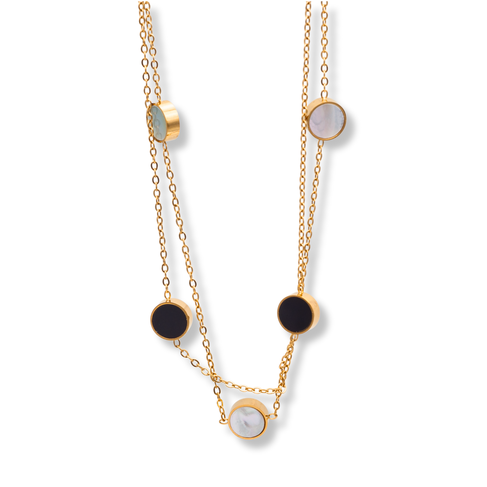 Moderne Edelstahl-Kette in Gold mit schwarzen und perlmuttfarbenen runden Anhängern.Doppelkette mit kontrastreichen Details aus Schwarz und Perlmutt im eleganten Design.