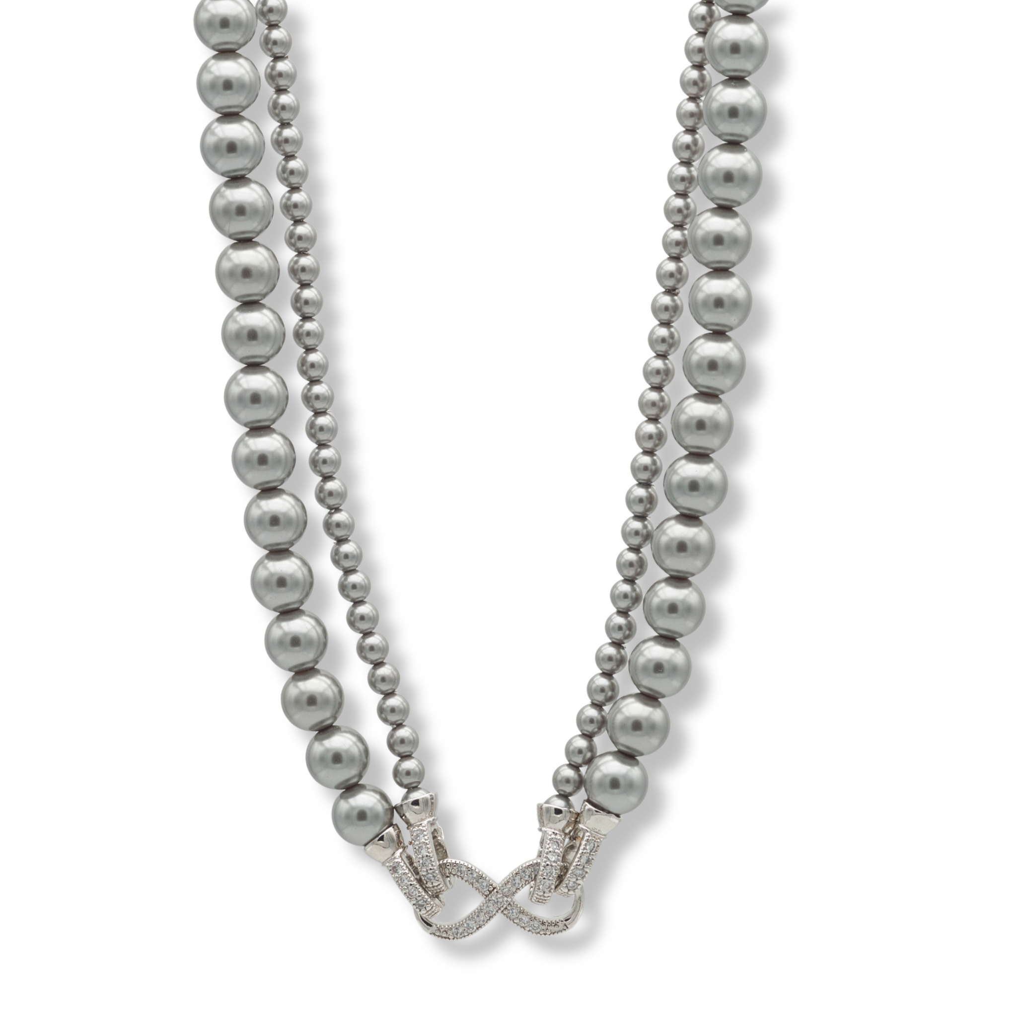 Graue Mother of Pearl Doppelkette mit 3 mm und 7 mm Perlen, 47 cm lang, Strass-Infinity-Anhänger als edler Verschluss