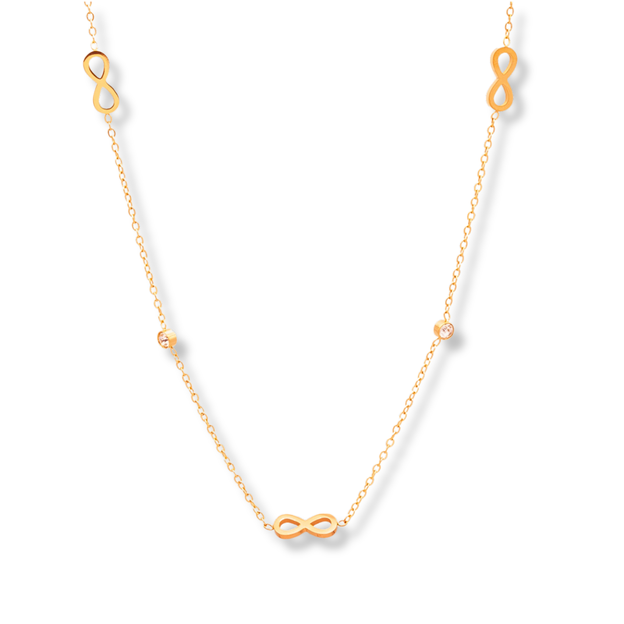 Vergoldete Halskette mit Infinity-Symbolen und funkelnden Strass-Steinen