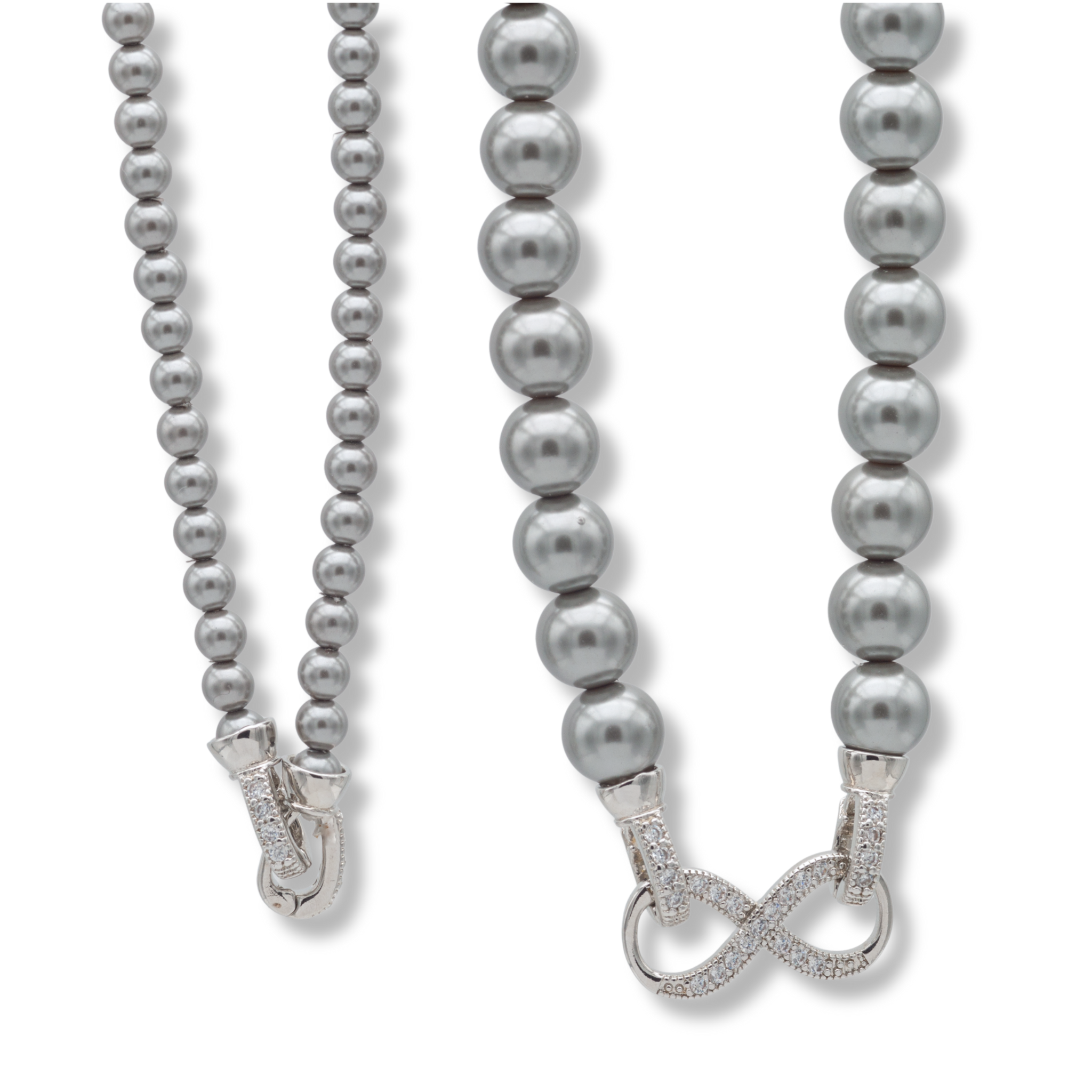 Doppelkette aus Perlmuttperlen in Grau, kombiniert 3 mm und 7 mm Perlen, mit Strass-Infinity-Verschluss, 47 cm edle Länge