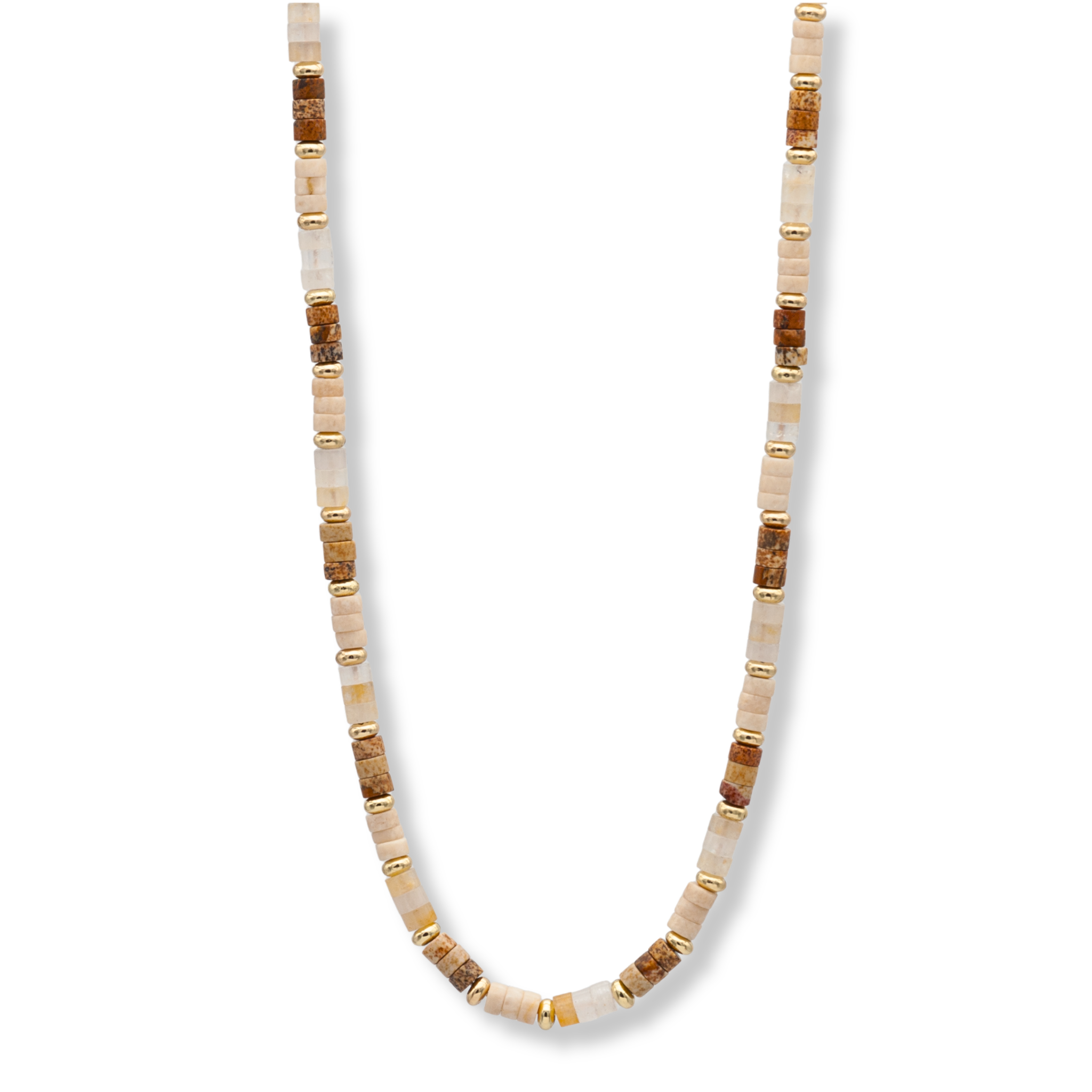 Elegante Heishi Kette aus Naturstein Landschaftsjaspis, Erdungsstein mit Edelstahl-Elementen.
Schmuckkette mit Landschaftsjaspis Heishi-Perlen, goldenen Akzenten und Verlängerungskette.