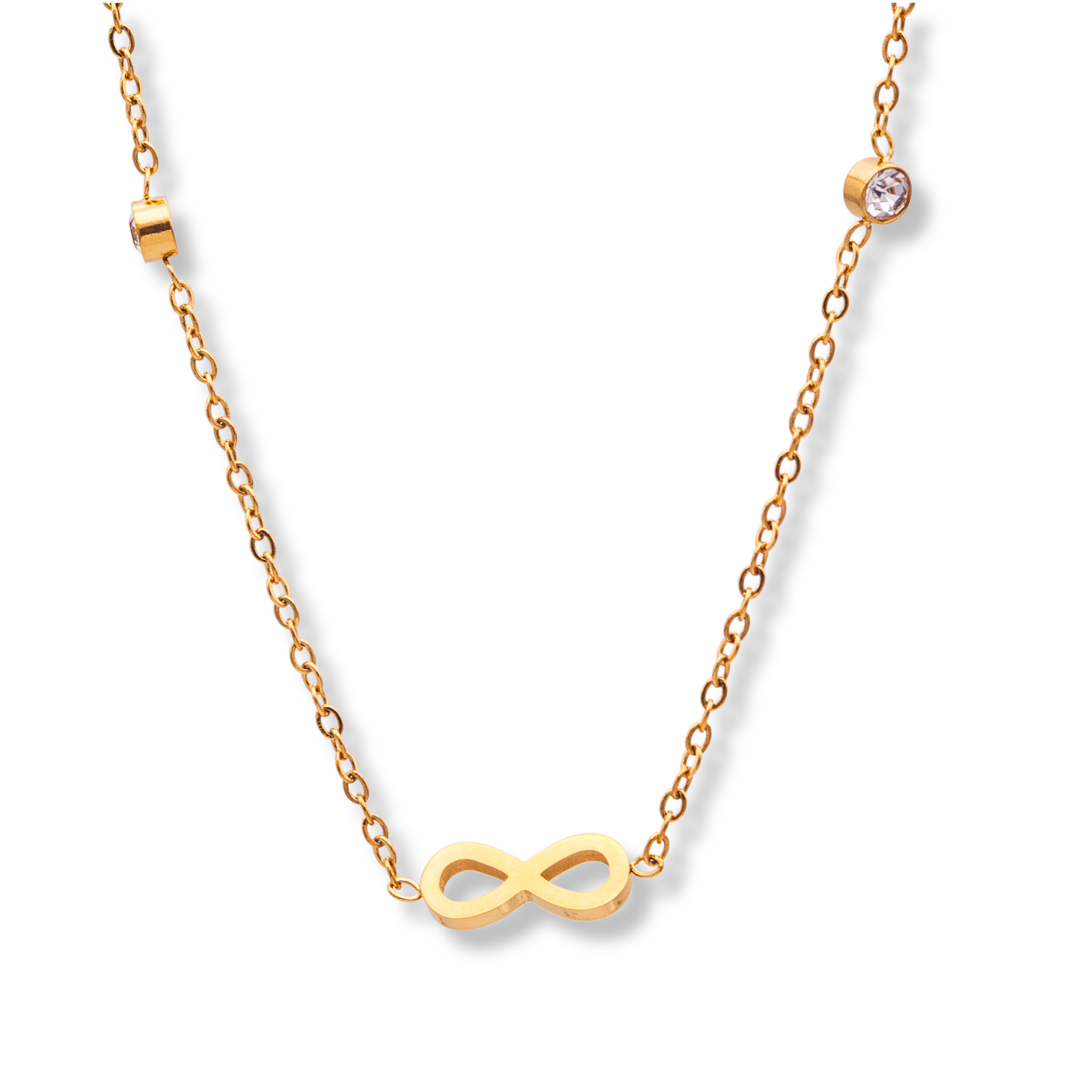 Damenhalskette in Gold mit zarten Infinity-Anhängern und Strass-Verzierun