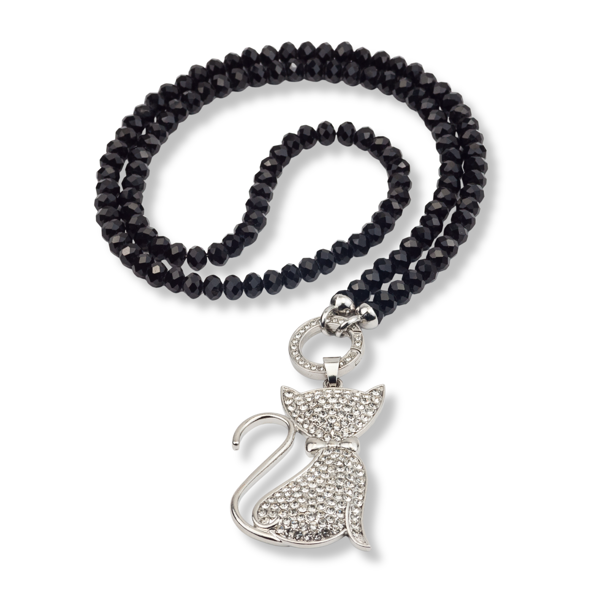Lange schwarze Perlenkette mit facettierten Glasperlen und Katzen-Anhänger aus Strass