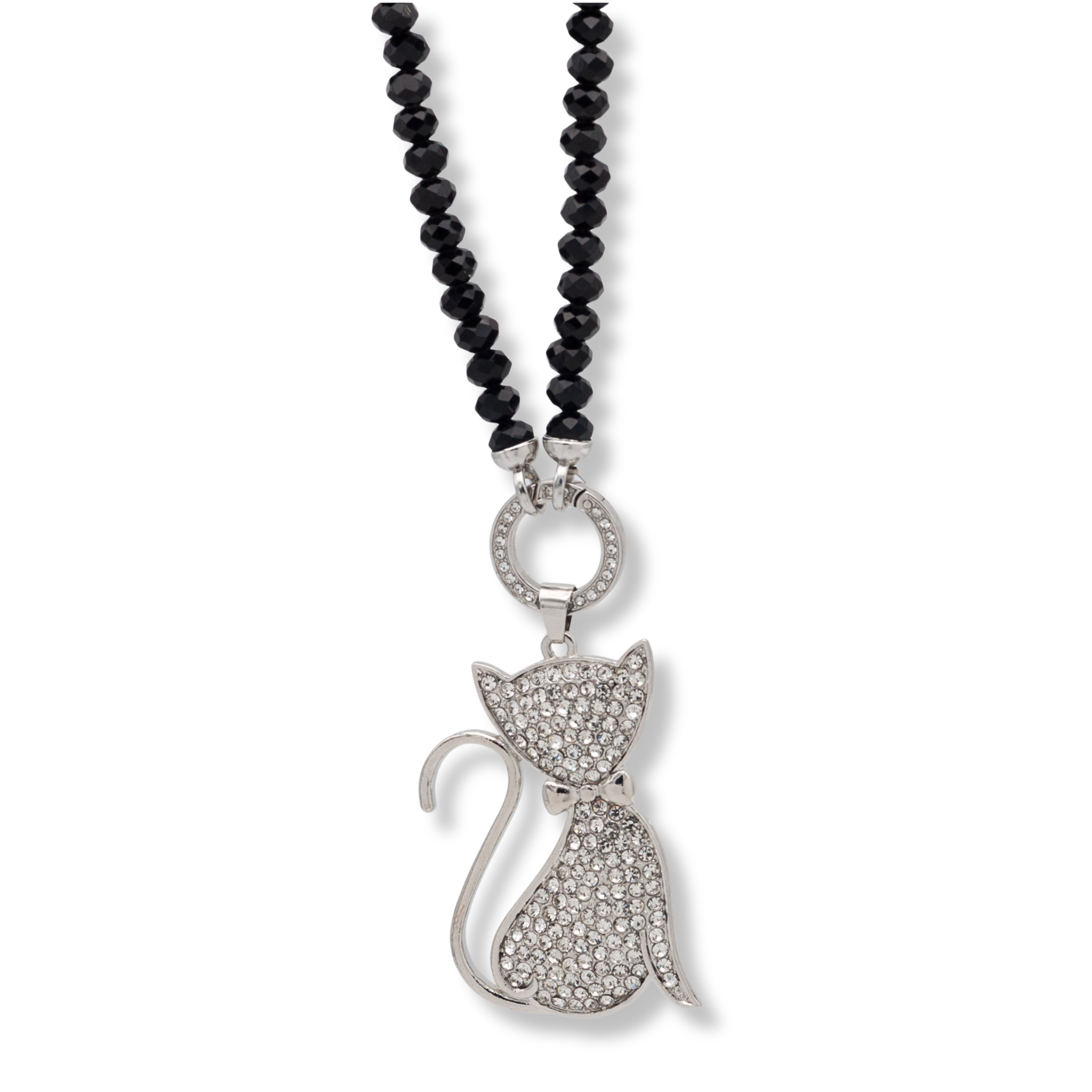 Modeschmuck Kette schwarz lang, facettierte Perlen mit Strass-Katzen-Anhänger