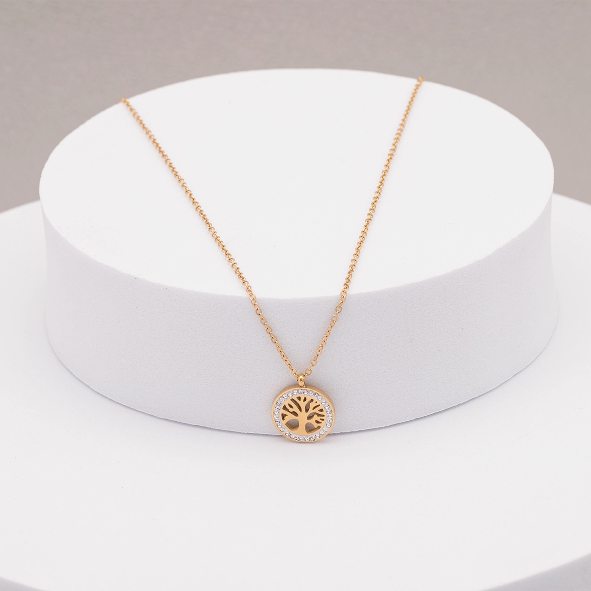 Damenhalskette in Gold mit Lebensbaum-Symbol und glitzernden Strasssteinen