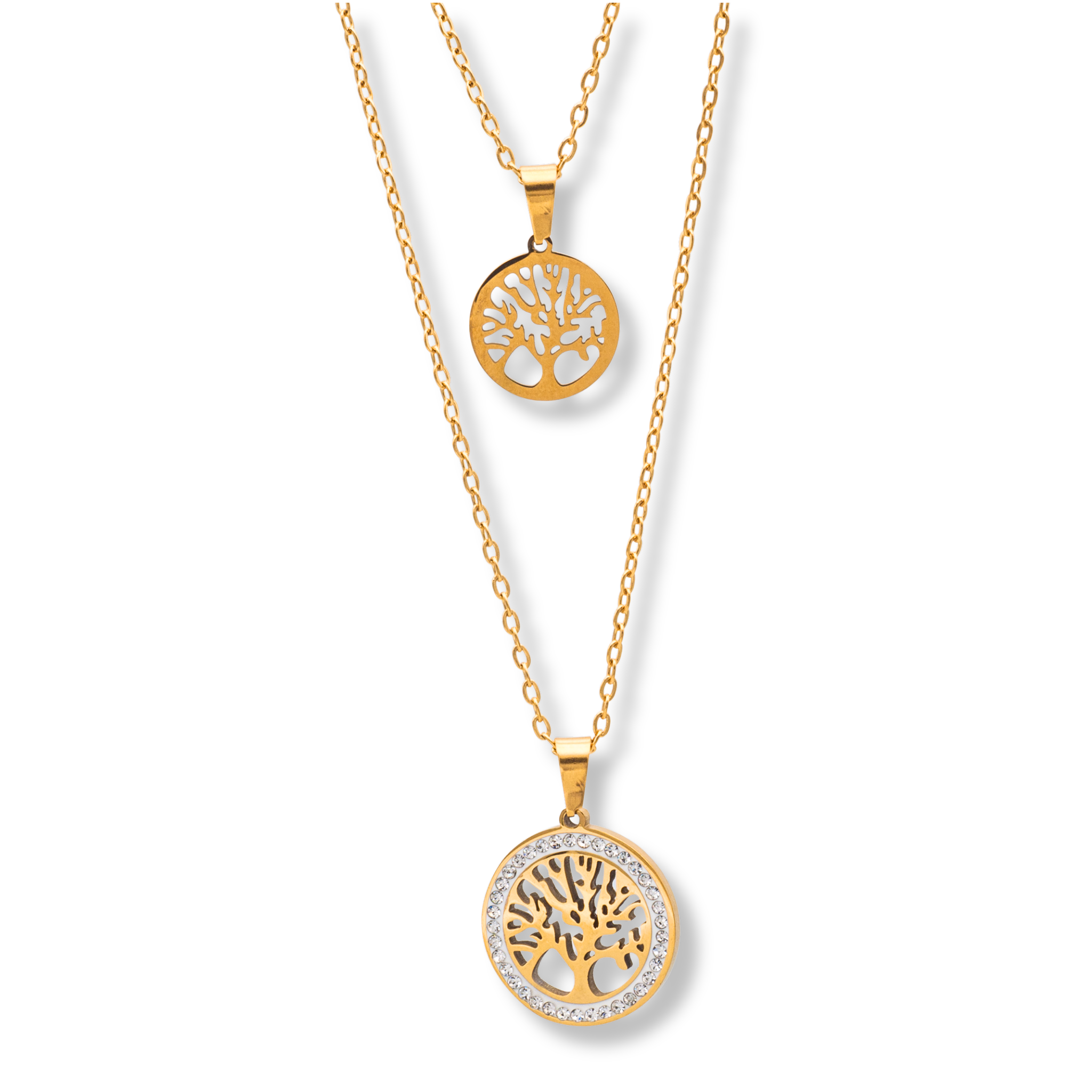 Goldene Edelstahl Layering-Kette mit zwei Lebensbaum Anhängern, Strassdetails und Doppelstrang-Design
Lebensbaum Kette aus Edelstahl in Gold, doppelt getragen, Anhänger mit Strass und Symbolkraft