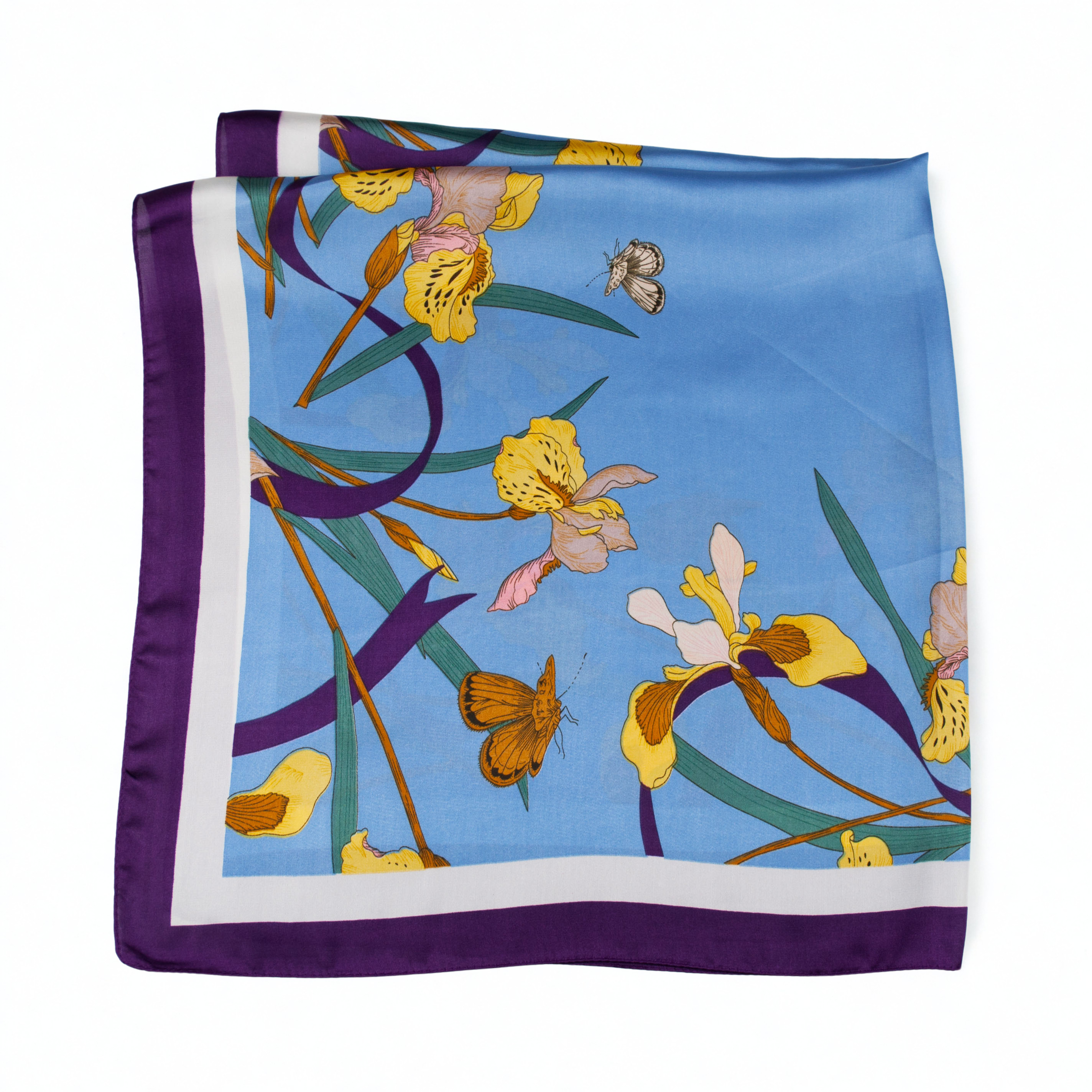 Nickituch in Blau und Lila mit Blumenmotiv, glänzendes Material, quadratisch 70 × 70 cm
Leichtes Seiden-Viskose-Tuch mit Irisblüten, edler Glanz, dekorativer Schmetterlingsdruck