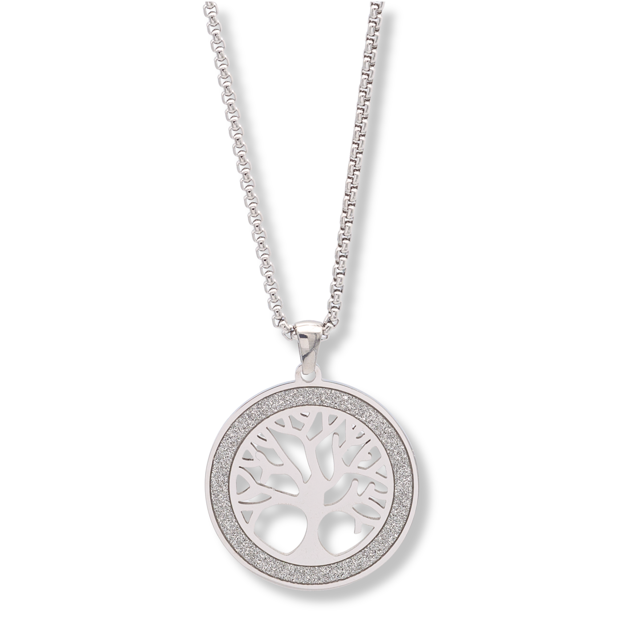 Silberne Edelstahlkette mit Lebensbaum Anhänger, 3 cm groß, Strassrand, zeitlos elegant
Edelstahl Halskette in Silber, Lebensbaum Symbol, funkelnde Strasssteine, 55 cm Länge