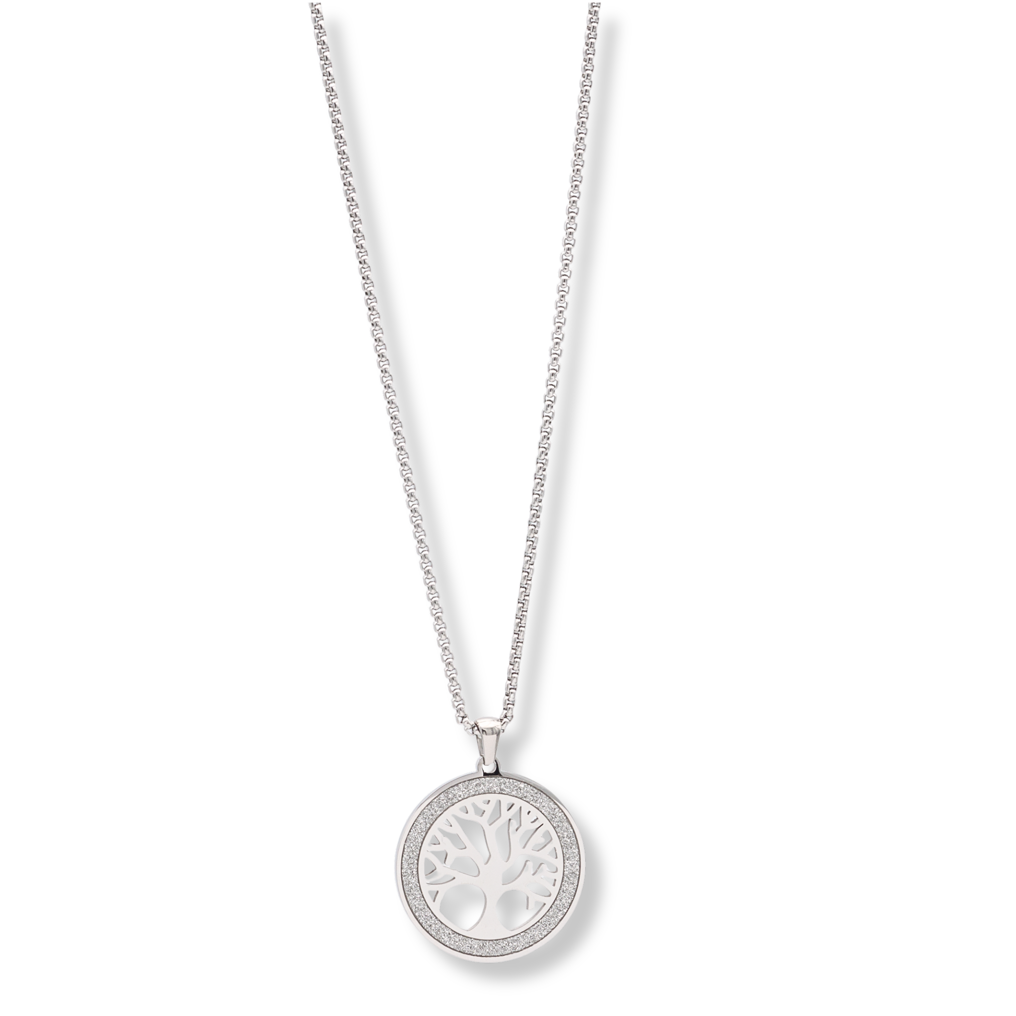 Lebensbaum Anhänger Edelstahl silber, 3 cm groß, mit feinem Strassrand, symbolträchtig.Edelstahlkette Silber mit Lebensbaum Anhänger, runder Strassrahmen, 55 cm lang