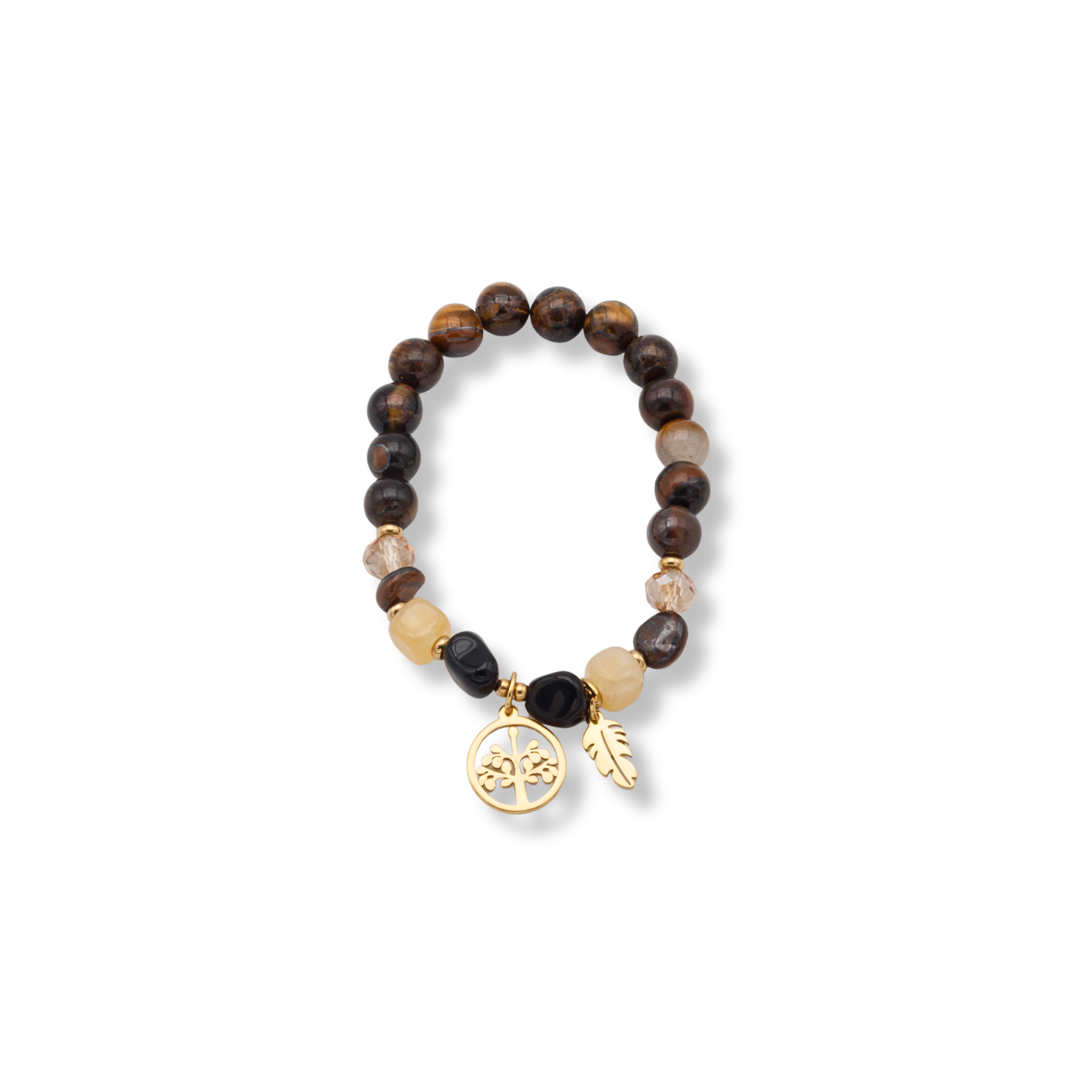 Tigerauge Perlenarmband kombiniert mit Natursteinen, goldfarbenen Symbolen und elastischem Band
Schutzstein Tigerauge Armband mit Naturstein-Details und Edelstahl Charms, stilvoll und zeitlos