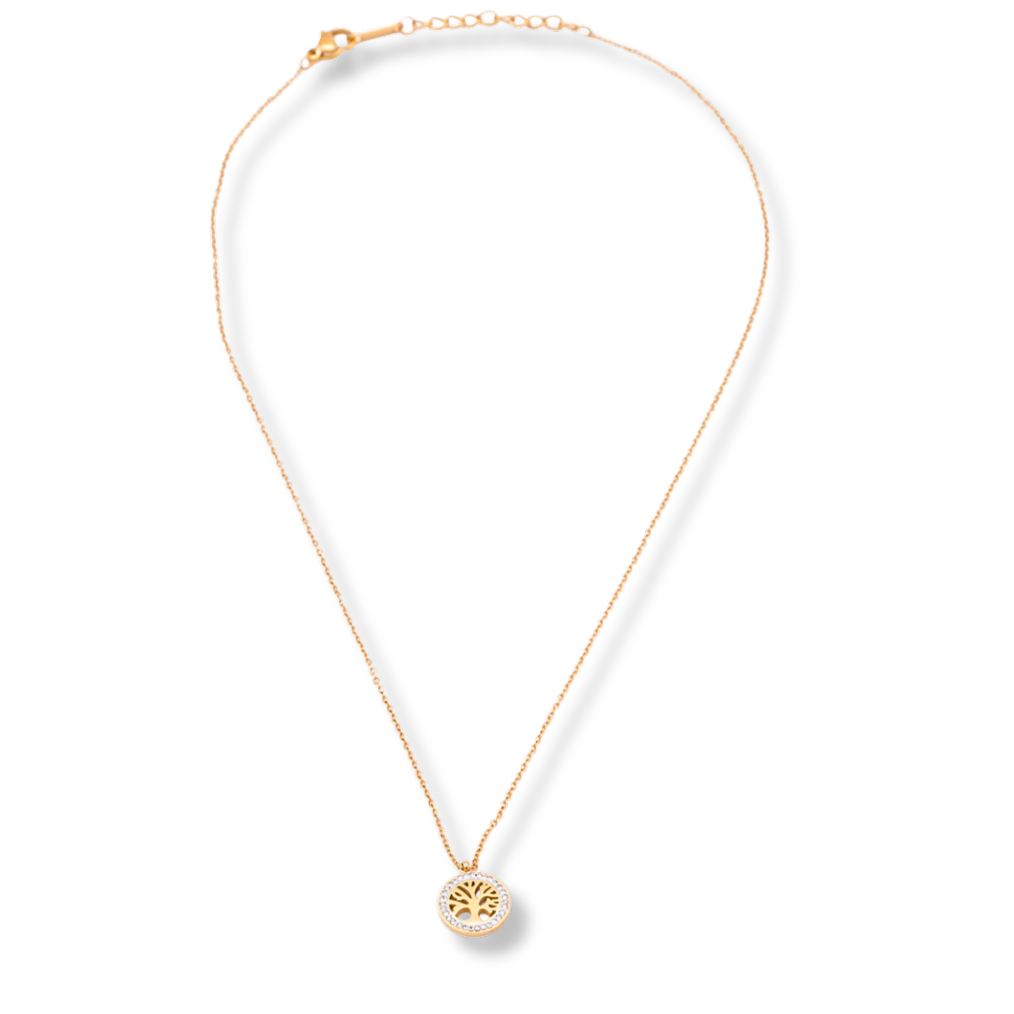 Elegante Lebensbaum-Kette in Gold mit rundem Anhänger und Strass-Details