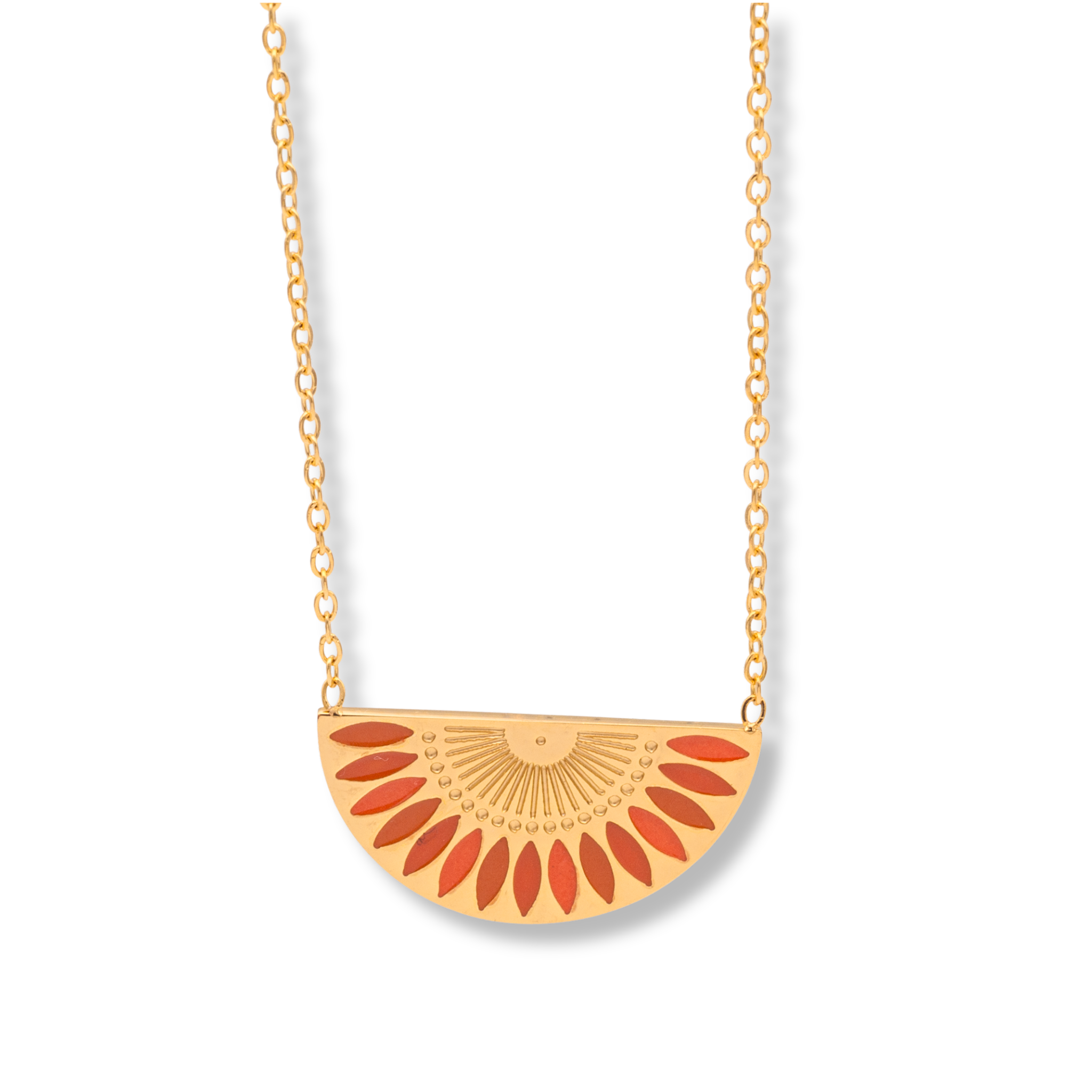 Sunset Orange Kette Edelstahl Gold, Halbkreis-Anhänger mit orangefarbenem Sonnenmotiv, 42+5 cm.
Goldene Edelstahlkette Sunset Orange, filigran, Halbkreis-Anhänger mit Strahlen-Design.