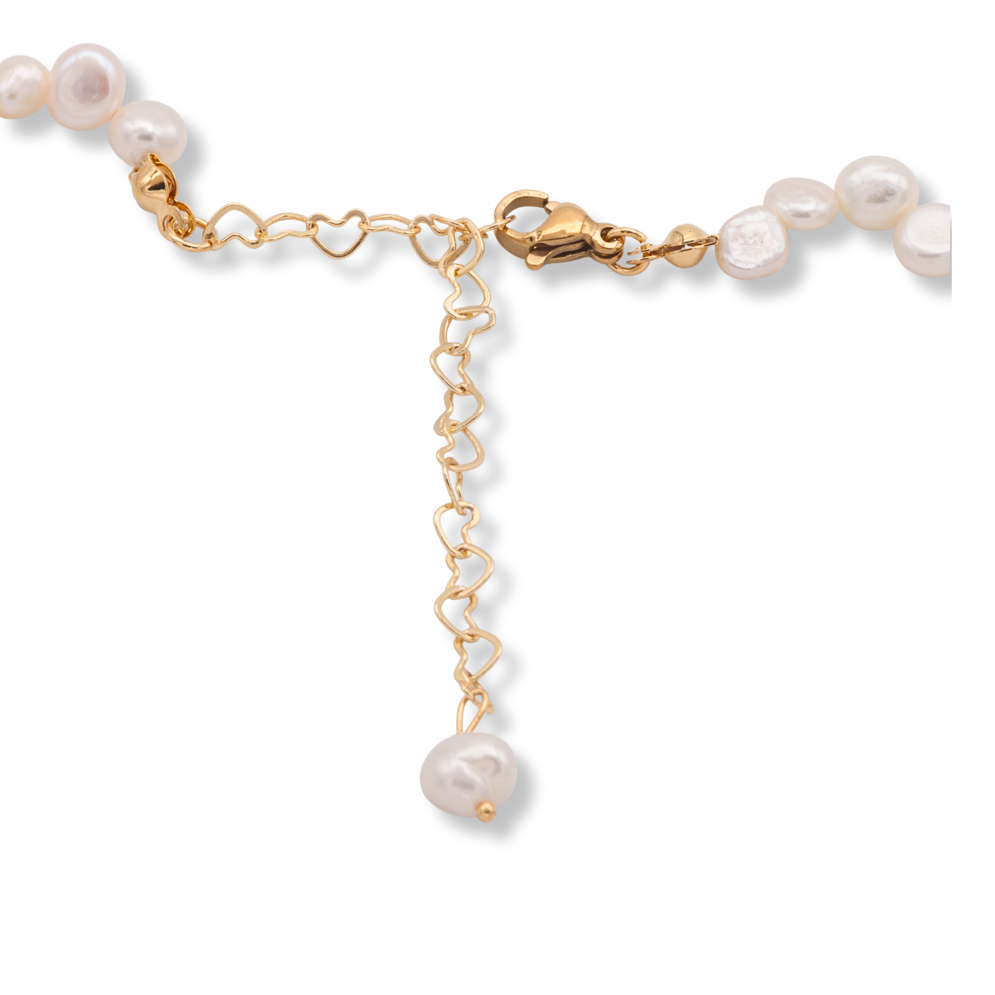 Moderne Damen Doppelkette aus Süßwasserperlen und goldfarbener Kette im Layering-Stil.Deteilbild mit herzen verlngerung