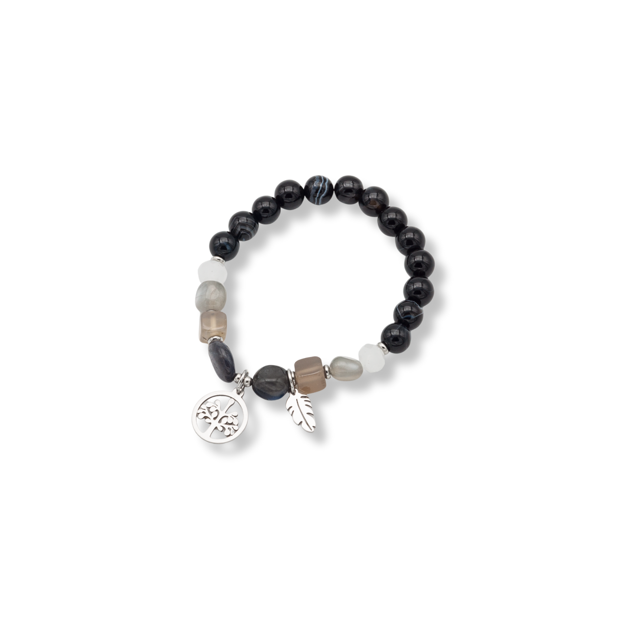 Handgefertigtes Achat Armband in Schwarz mit Naturstein-Details und Edelstahl Lebensbaum Anhänger
Elastisches Natursteinarmband in Schwarz-Grau mit Achat Perlen und Edelstahl Symbolen, Unisex Design