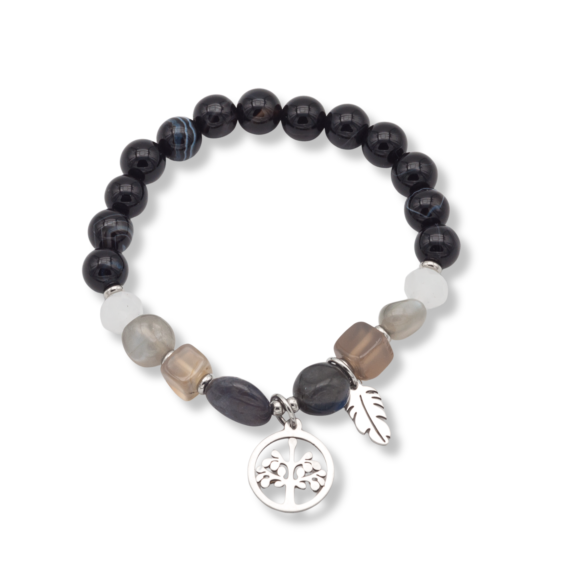 Schwarzes Achat Armband mit Natursteinperlen und Edelstahl Anhänger Baum des Lebens, elastisches Design
Unisex Armband aus schwarzem Achat und Natursteinen, Edelstahl Blattanhänger, Symbolschmuck modern