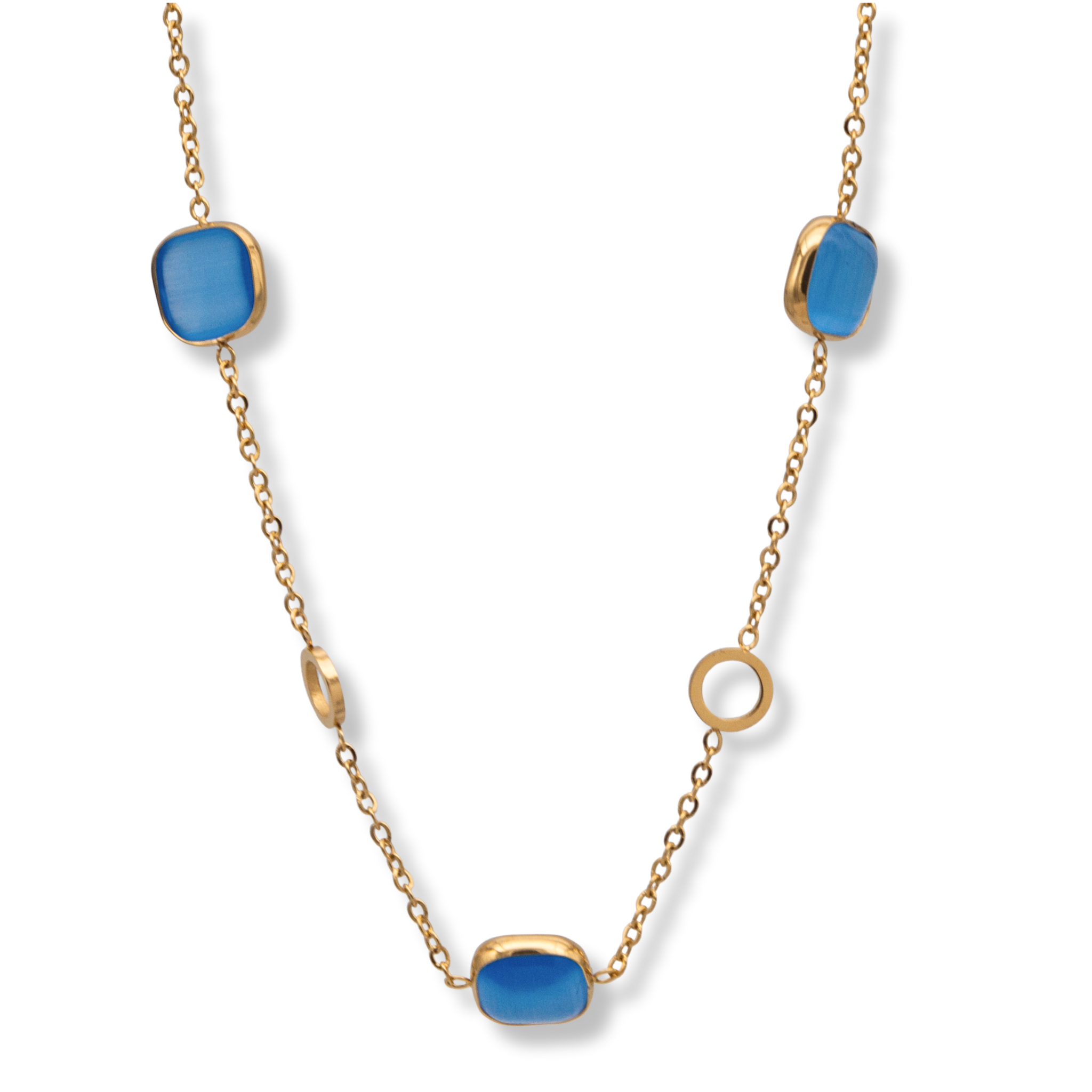 Goldene Edelstahlkette 40+5 cm mit blauen Glasperlen, elegante Halskette für Damen