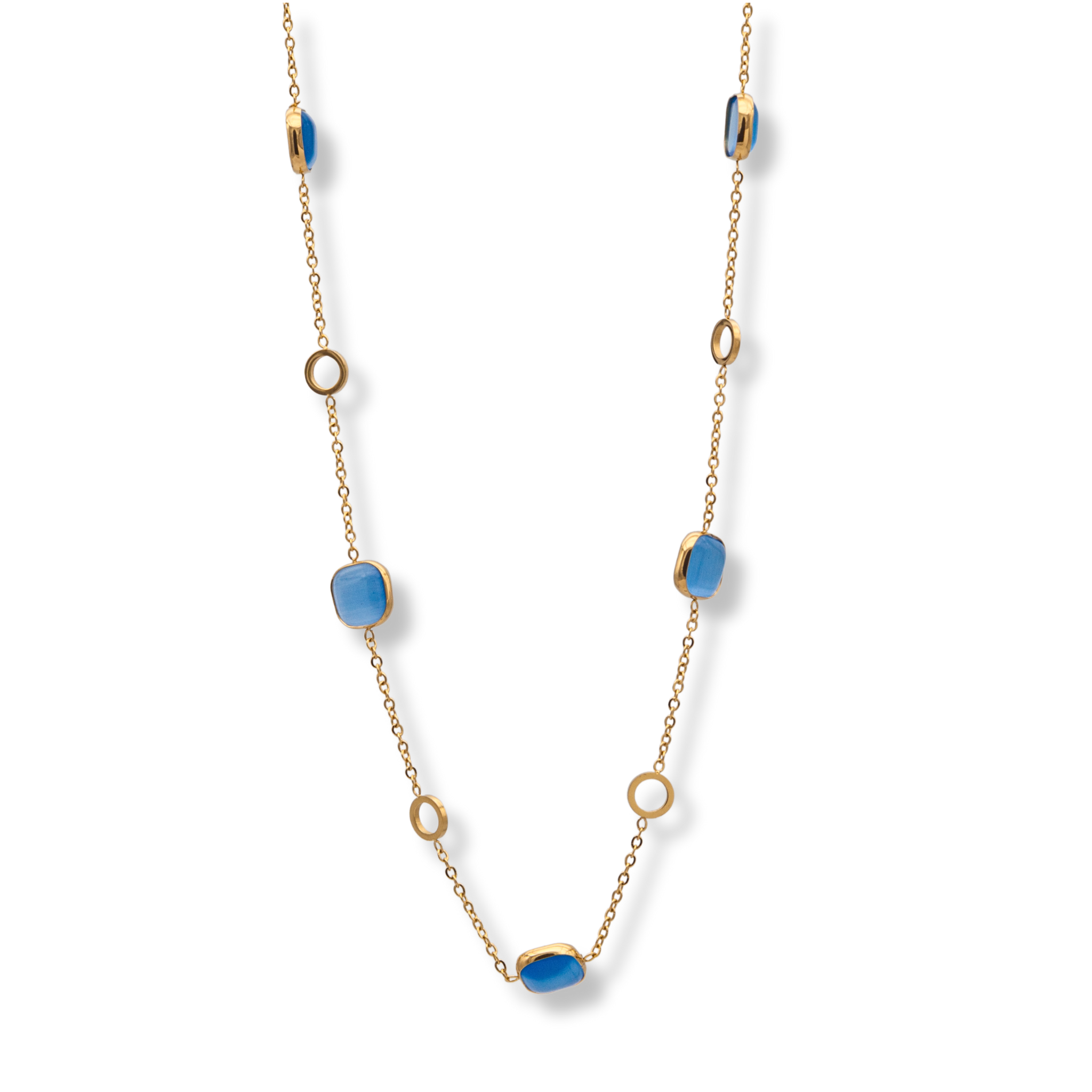 Feine Edelstahlkette vergoldet mit blauen Glasperlen, moderne Damenkette mit Verlängerung