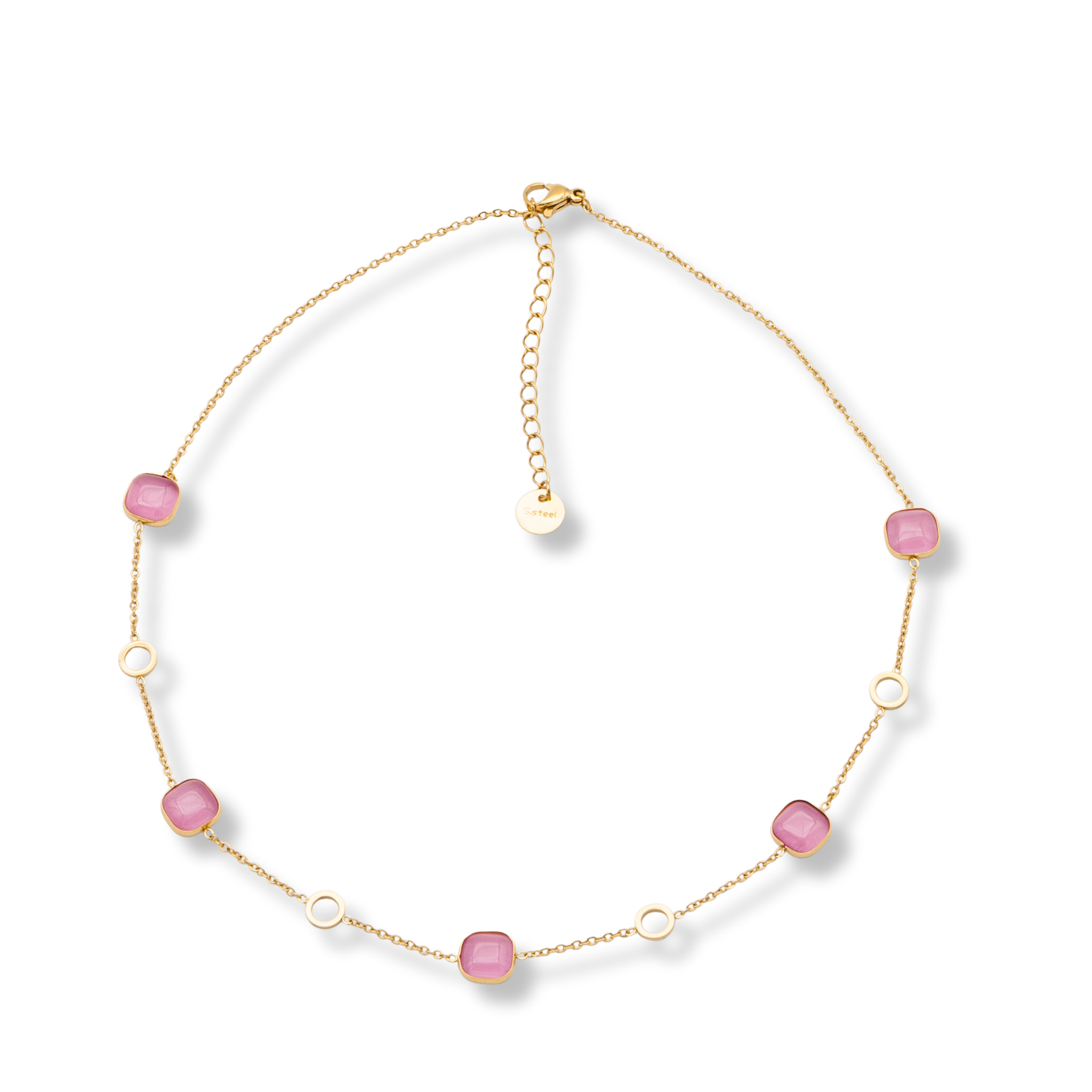 Damenkette Edelstahl gold mit rosafarbenen Glasperlen, 40 cm + 5 cm Verlängerung, elegant