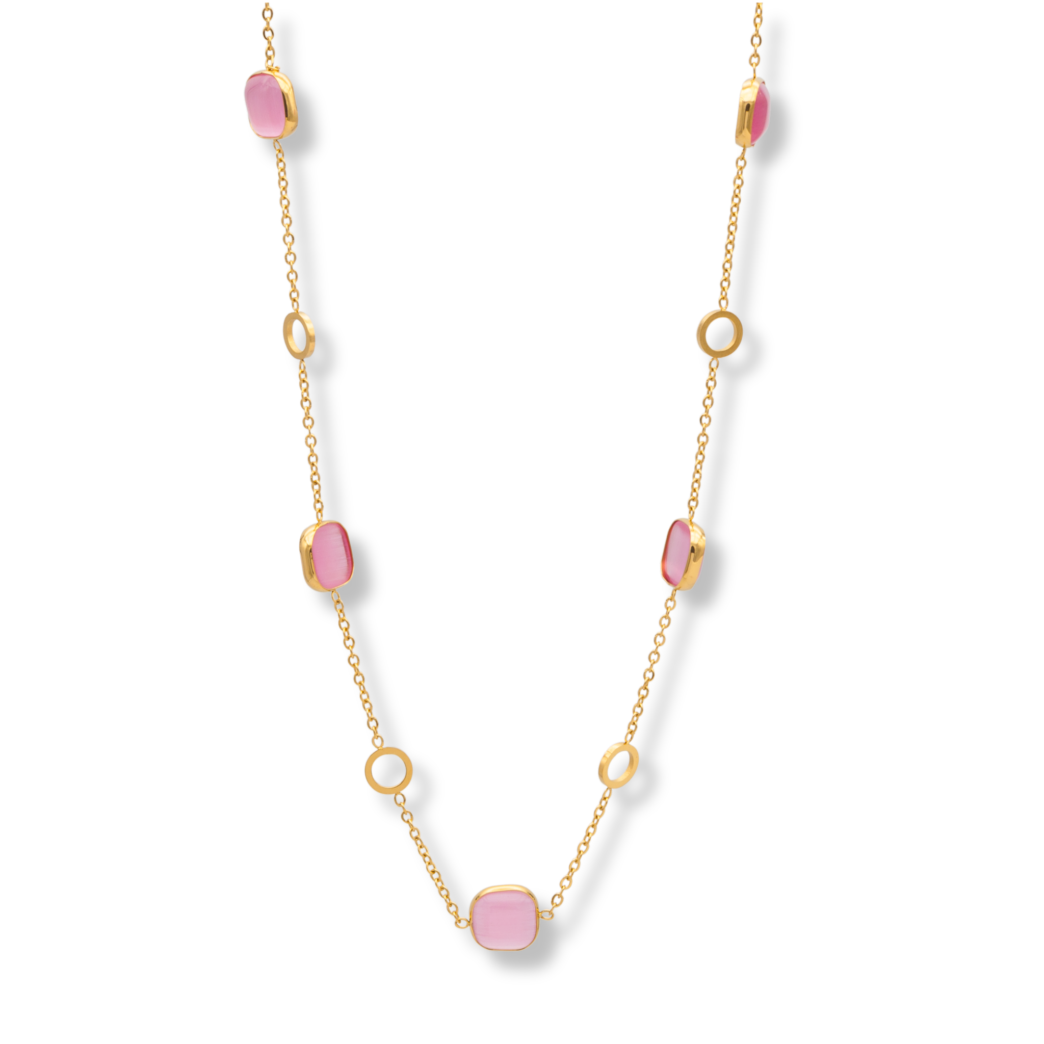 Feine Edelstahlkette vergoldet mit Glasperlen in Rosa, moderne Damenkette mit Verlängerung
Zarte Halskette aus goldfarbenem Edelstahl, Länge 40+5 cm, mit rosenfarbenen Glasperlen