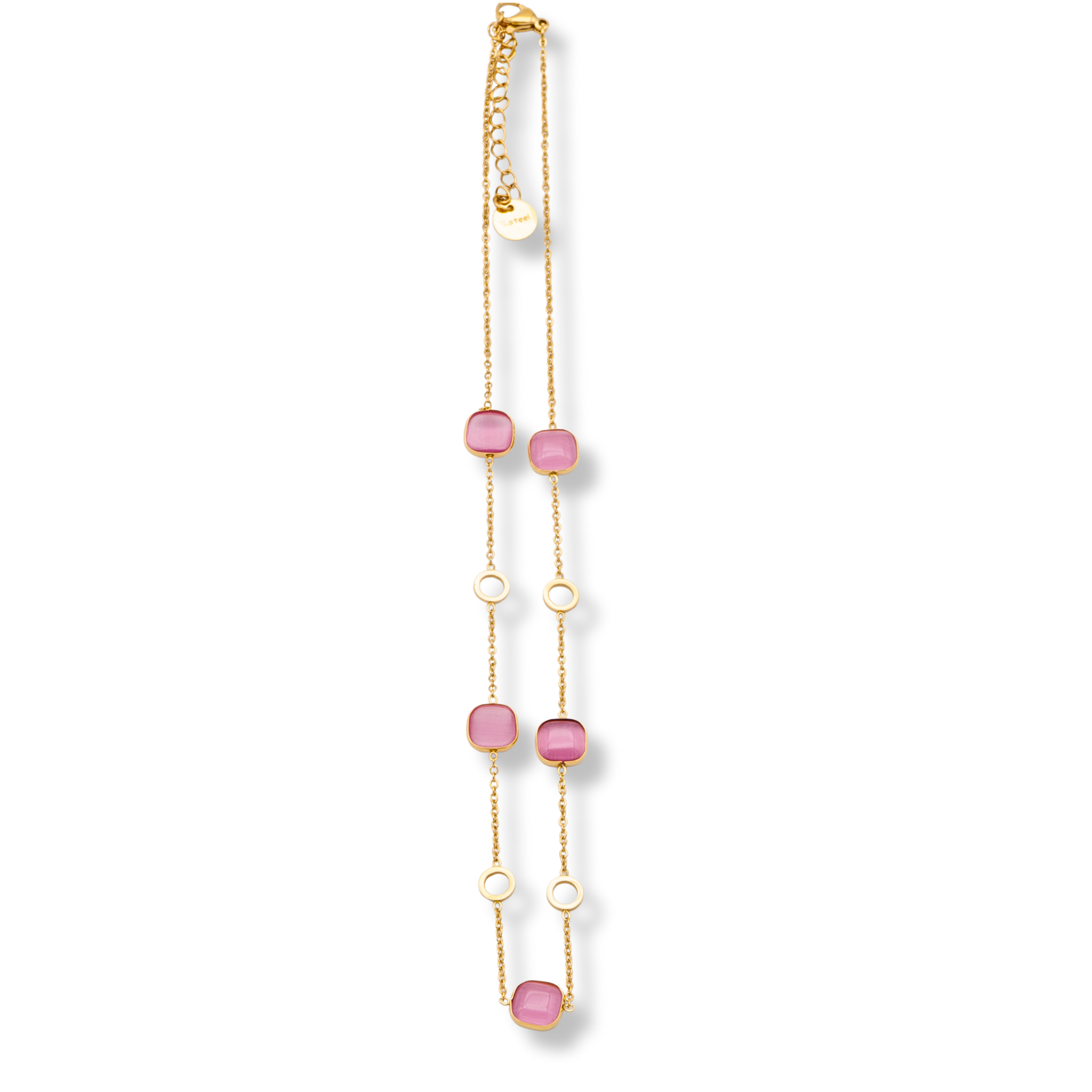 Leichte goldene Edelstahlkette mit rosa Glasperlen, feine Halskette mit Verlängerung