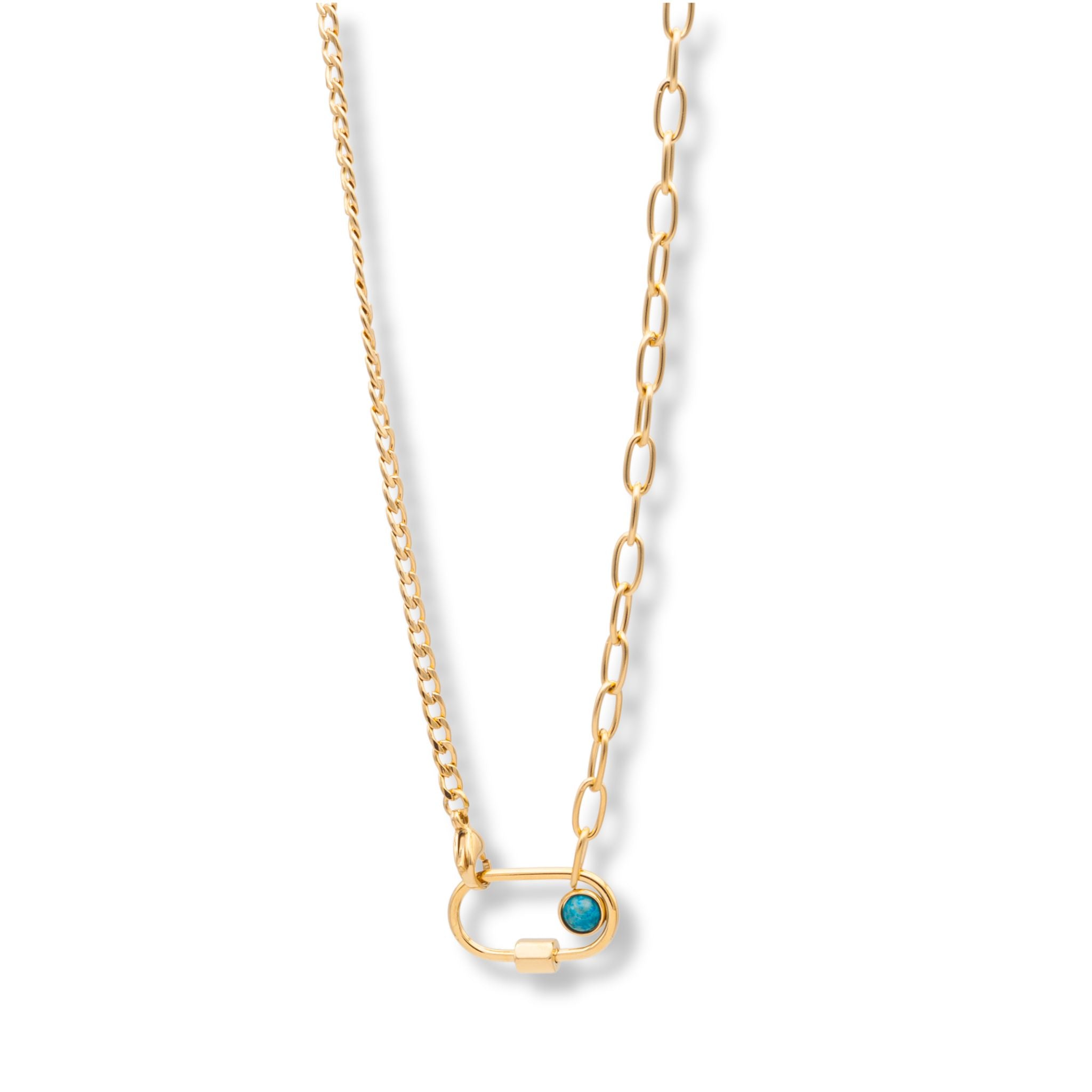 Nickelfreie Edelstahlkette vergoldet mit Schloss-Anhänger und blauem Stein, variabel tragbar.Goldene Mixed-Chain Halskette mit Karabiner-Verschluss und kleiner Türkis-Perle als Detail