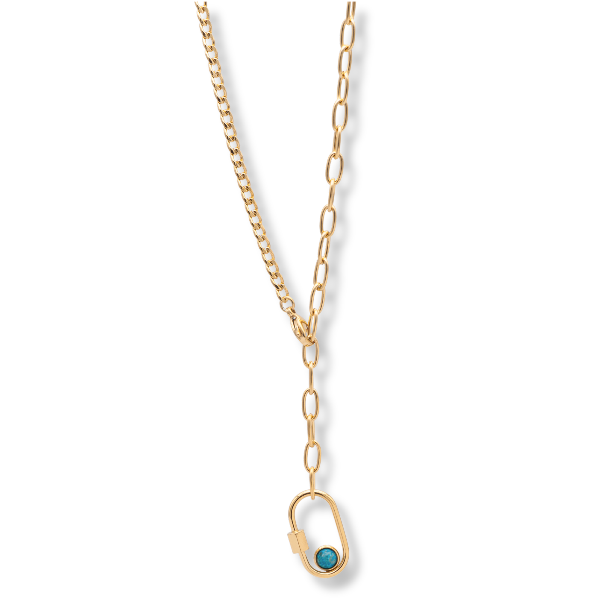 Goldene Edelstahlkette 50 cm, nickelfrei, mit Schloss-Anhänger und blauem Stein, vielseitig tragbar