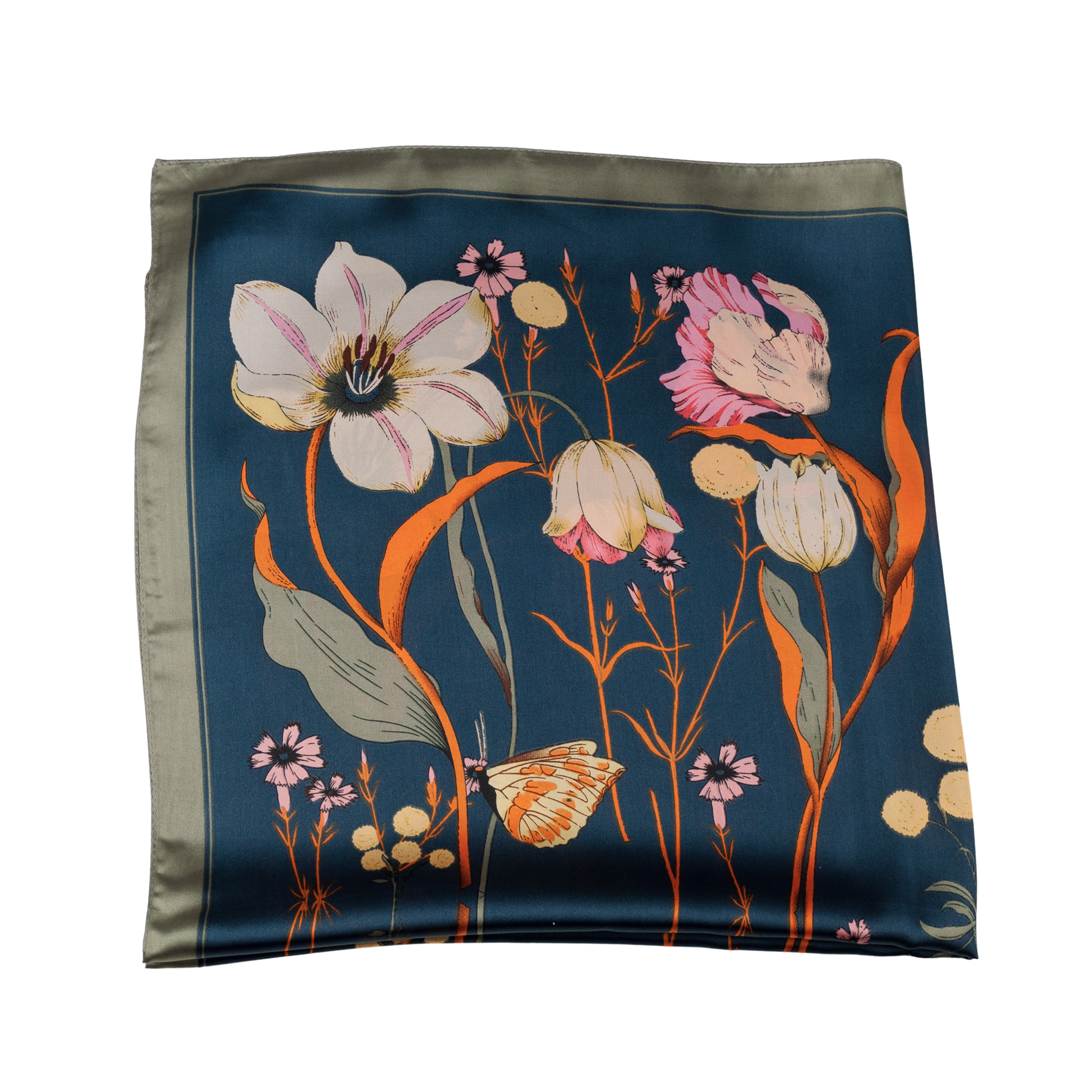 Nickituch aus Seide-Viskose-Mix mit Blumenprint, olivgrünem Rand und edlem Glanz