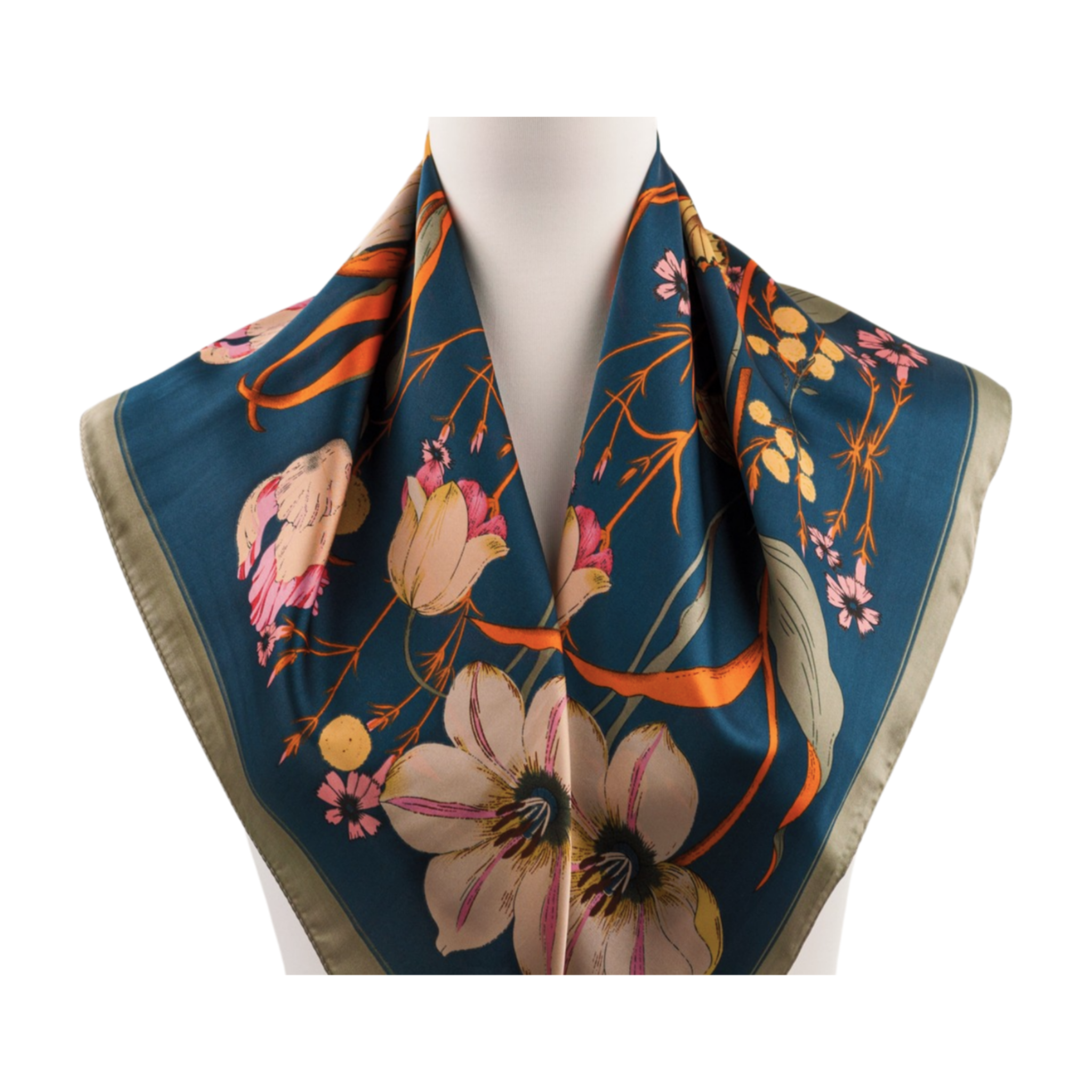 Florales Seidentuch mit zarten Blüten in Rosé-Creme, quadratisch 70 × 70 cm