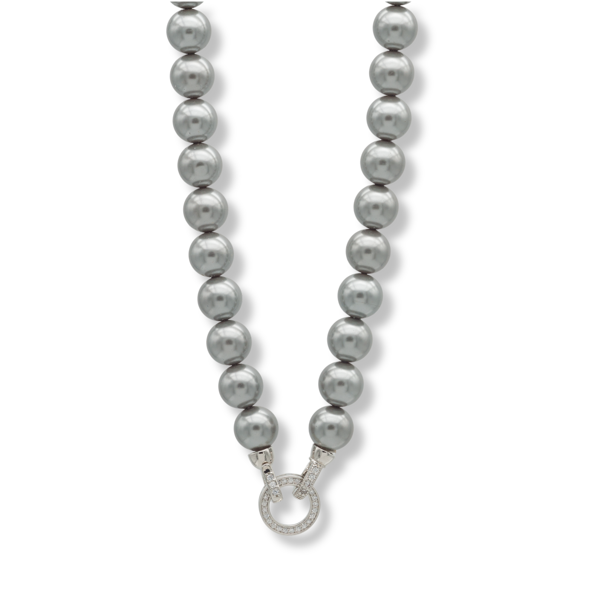 Graue Mother of Pearl Perlenkette mit rundem Strass-Element.Elegante Mother of Pearl Halskette 47 cm in Grau mit Strass