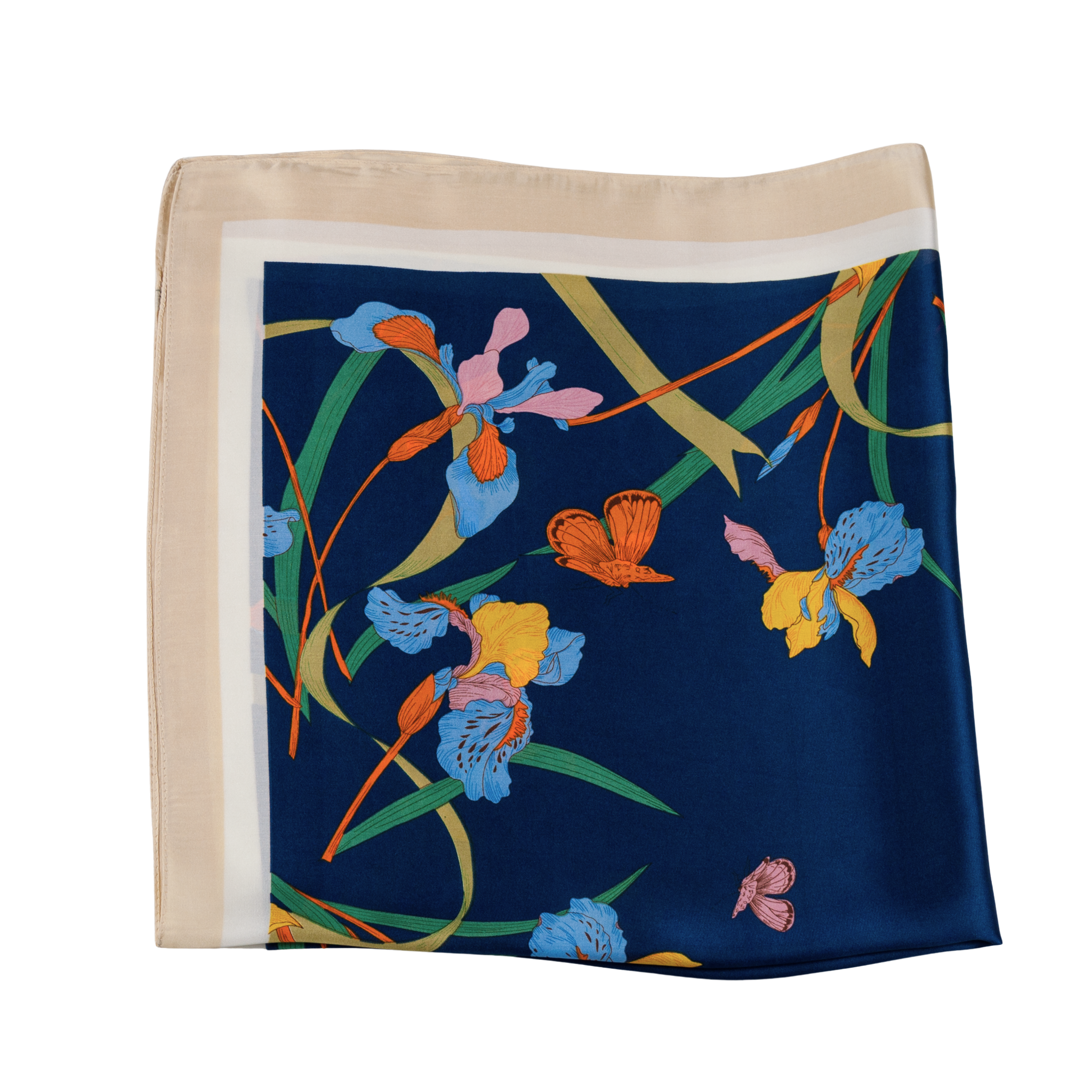 Nickituch aus Seide-Viskose-Mix, florales Design in Blau, Orange und Grün
Luxuriöses Tuch mit Blumenprint, seidig glänzend, quadratisch 70 × 70 cm