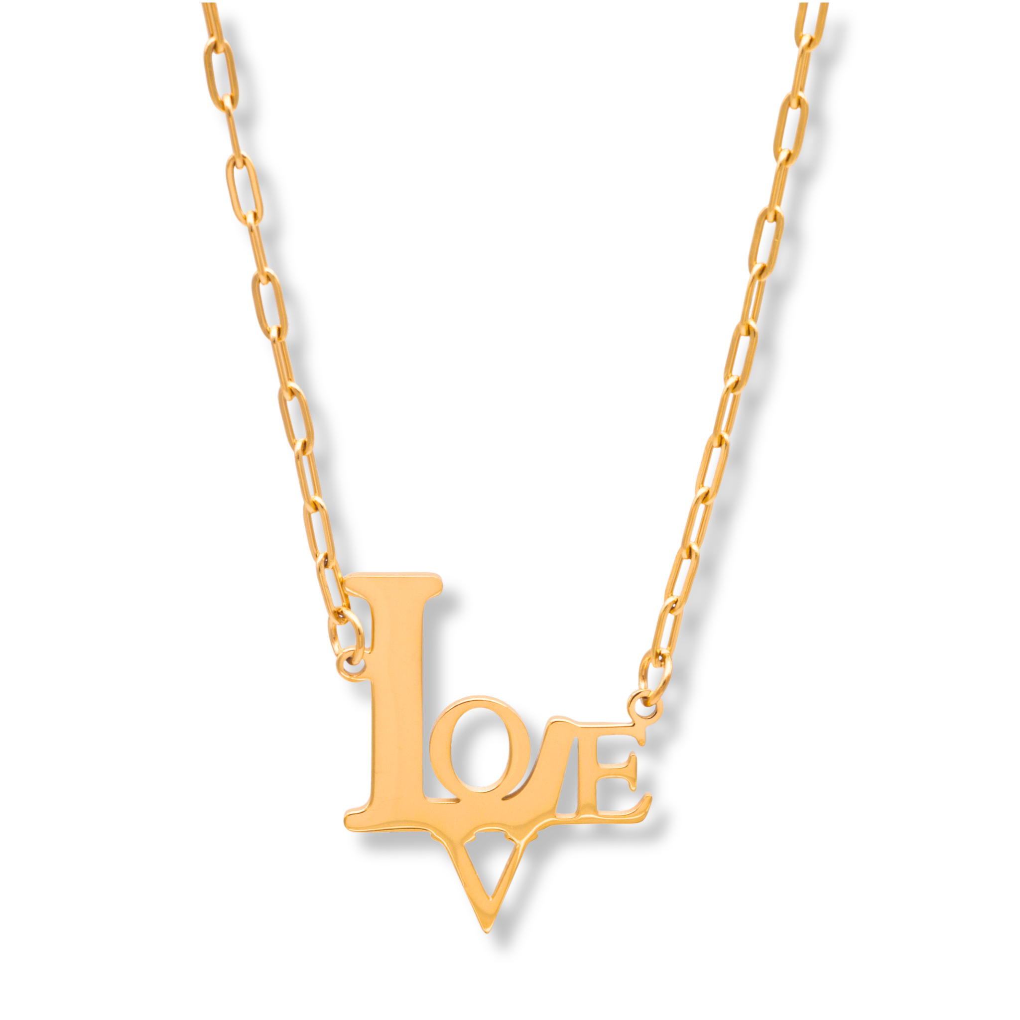 Goldene Edelstahlkette mit Schriftzug LOVE, Länge 42 cm plus 5 cm Verlängerung, elegantes Design.
Minimalistische LOVE Halskette aus goldfarbenem Edelstahl, filigrane Gliederkette, verstellbare Länge.