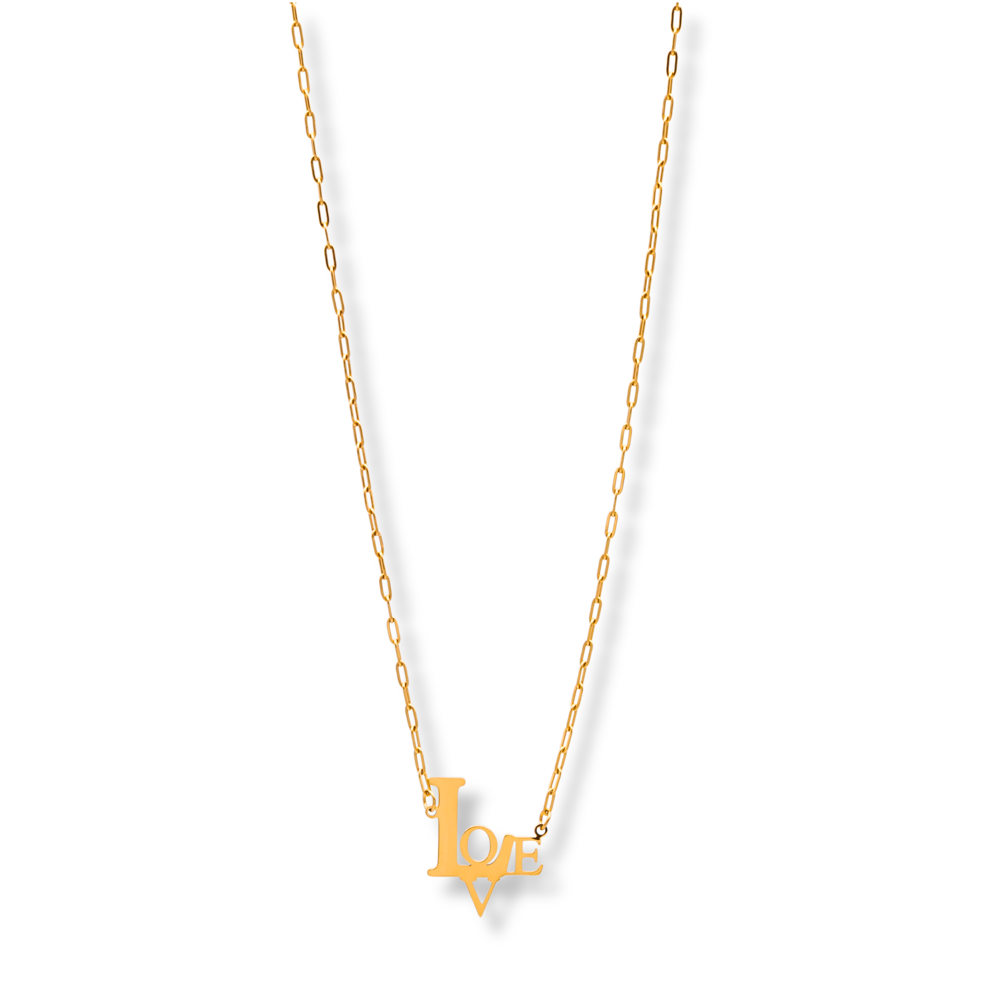 Goldfarbene Damenkette aus Edelstahl mit LOVE-Schriftzug, stilvoll, zeitlos und individuell tragbar.