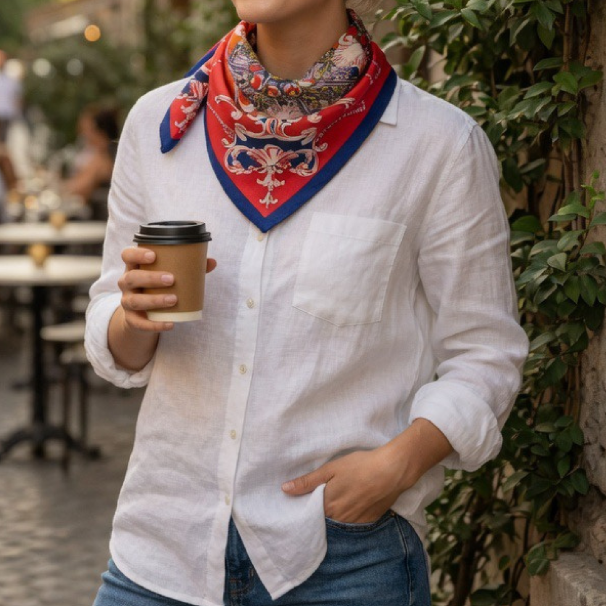 Damen trägt ein rotes Nickituch mit Muster zu weißer Bluse im Alltag, kombiniert mit Jeans – stilvolles Halstuch als modisches Accessoire