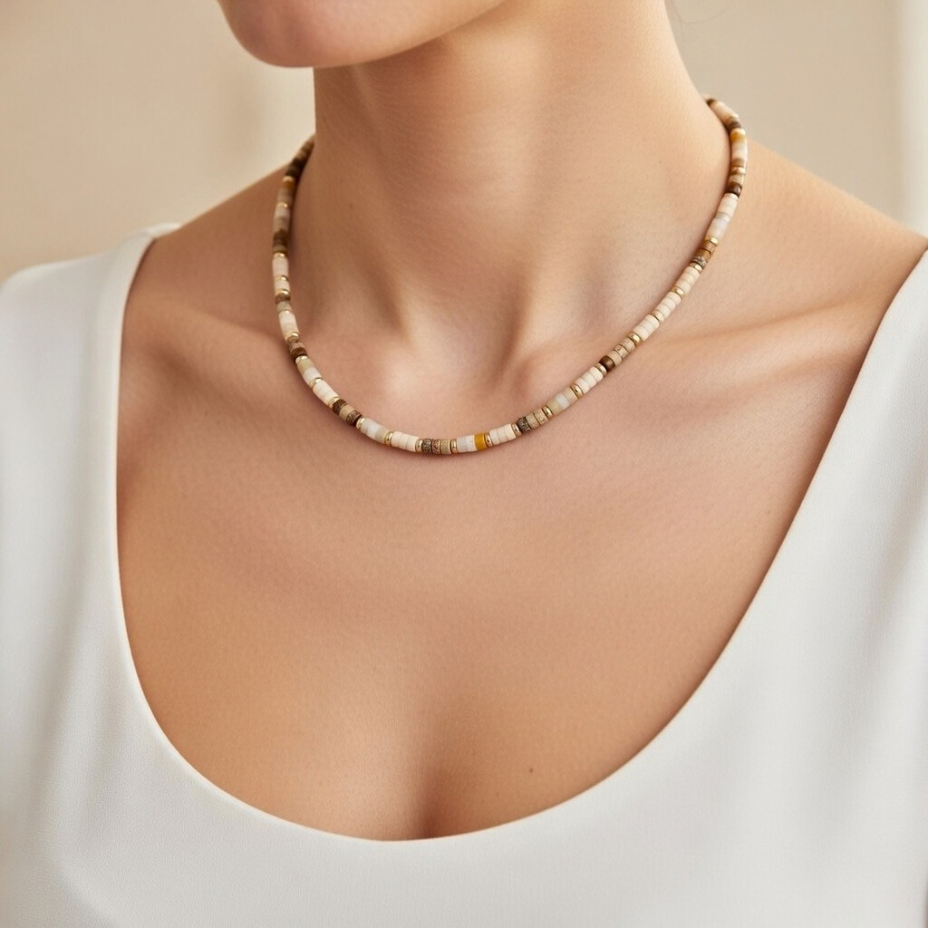 Nahaufnahme einer Frau in einem weißen Oberteil, die eine kurze Perlenkette trägt. Die Kette besteht aus kleinen, scheibenförmigen Perlen in verschiedenen Naturtönen wie Beige, Creme und Braun, akzentuiert durch einzelne goldene Zwischenelemente.