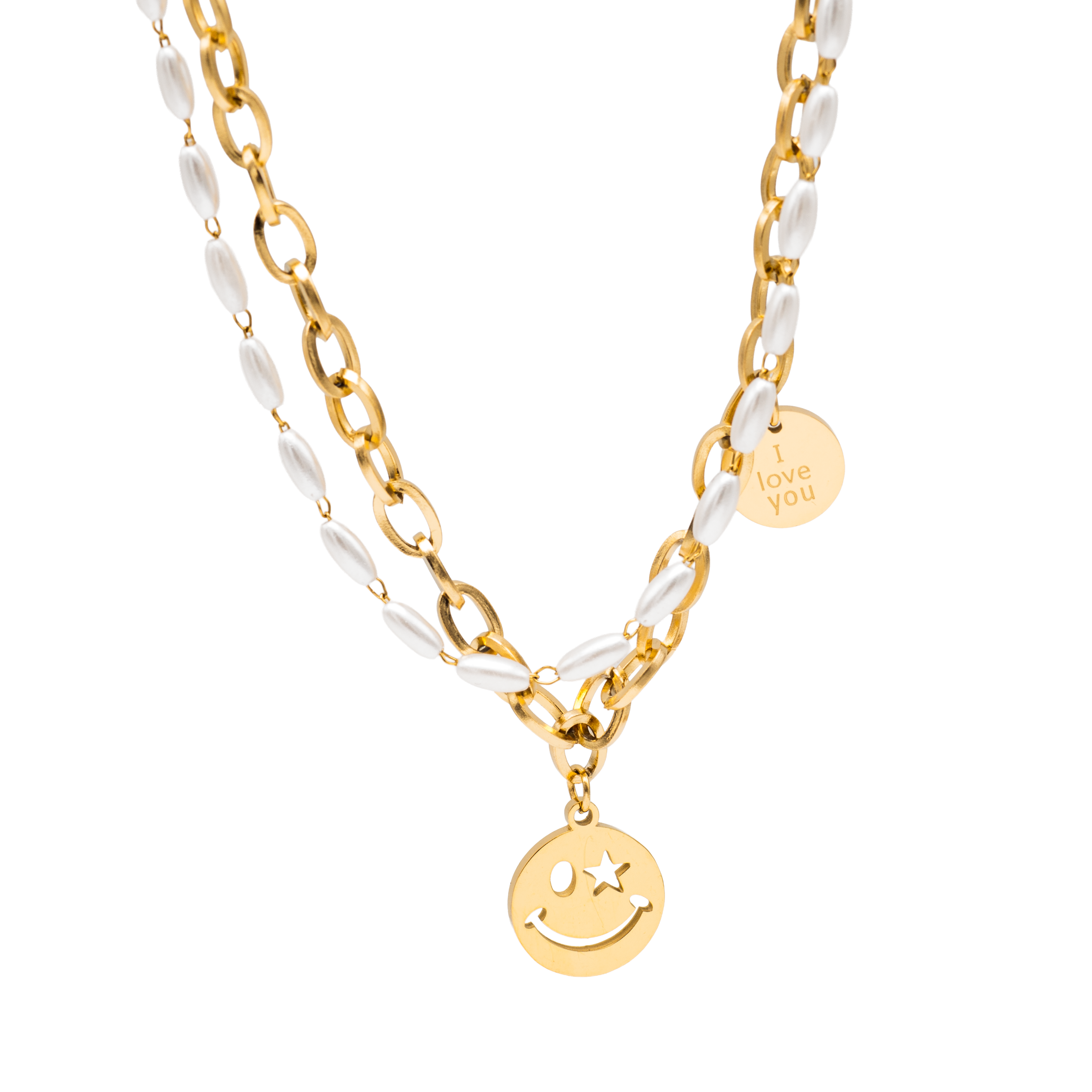 Layering-Kette aus Edelstahl, goldfarben, mit „I love you“-Charm
Goldfarbene Halskette mit Perlen-Details und Smiley-Symbol