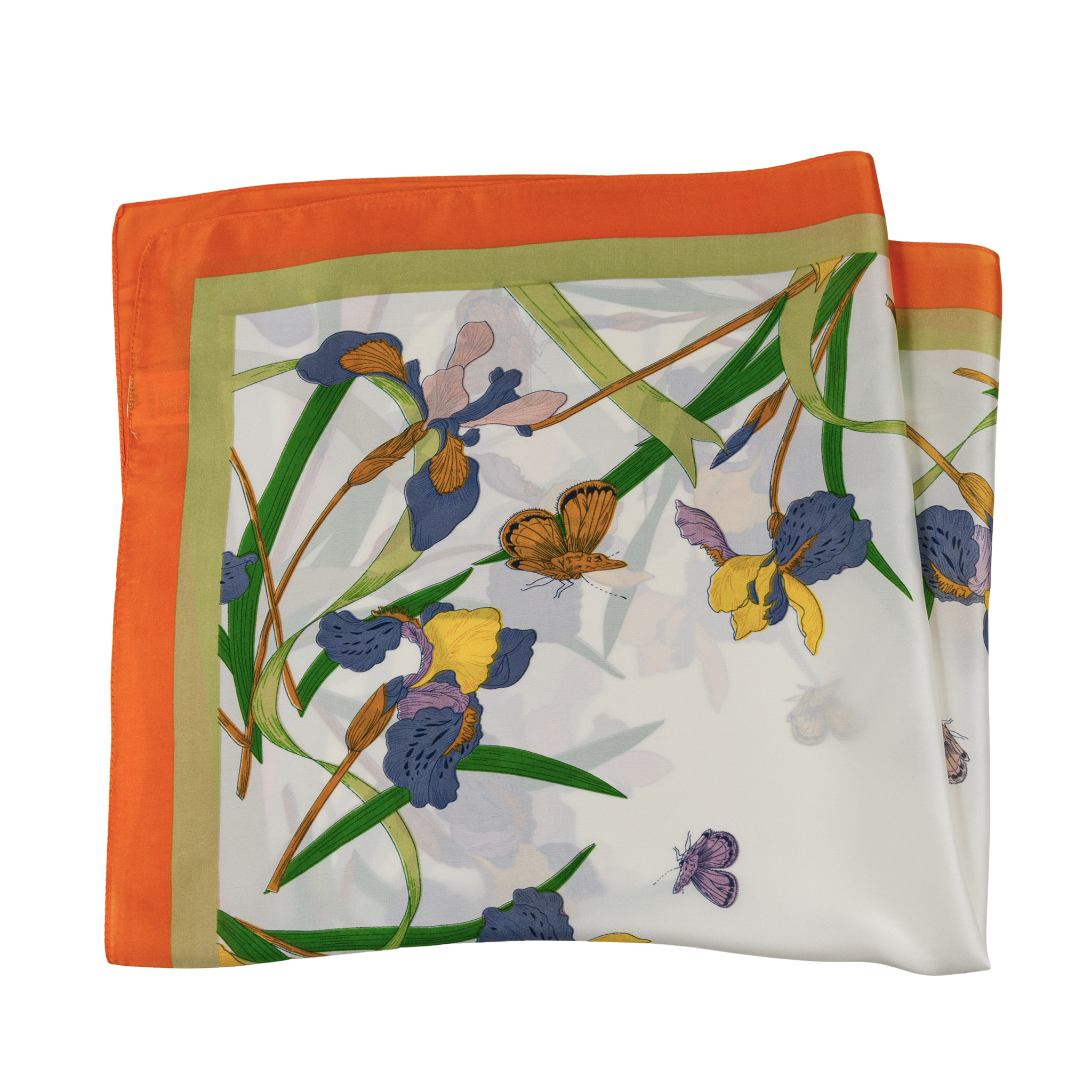 Hochwertiges weißes Seidentuch mit floralem Iris-Muster, Schmetterling-Motiv und auffälligem orangefarbenem Rand – stilvolles Tragebild eines luxuriösen Seidenschals