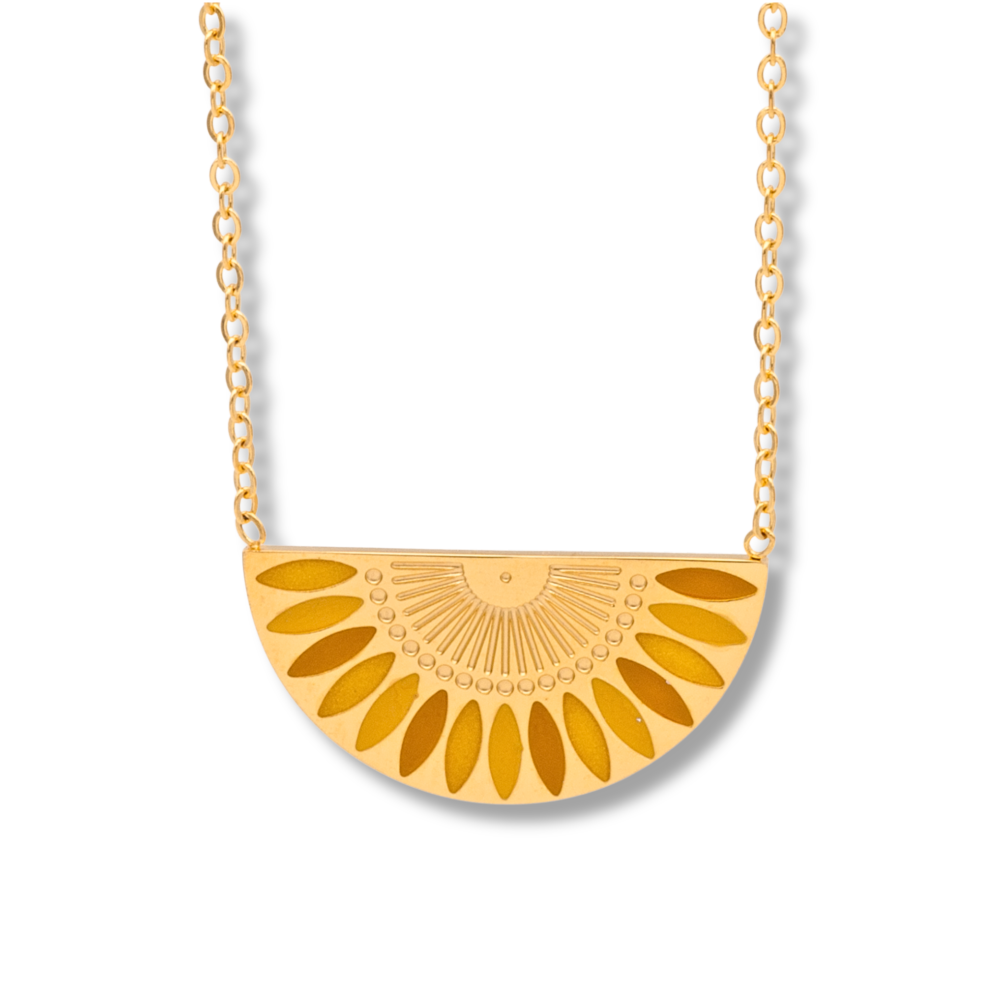 Edelstahlkette mit goldenem Halbkreis-Anhänger, Sonnenmotiv, Länge 42 cm + 5 cm Verlängerung.
Goldene Edelstahlkette mit Sunset-Design, filigrane Gliederkette, Halbkreis-Anhänger, verstellbare Länge.