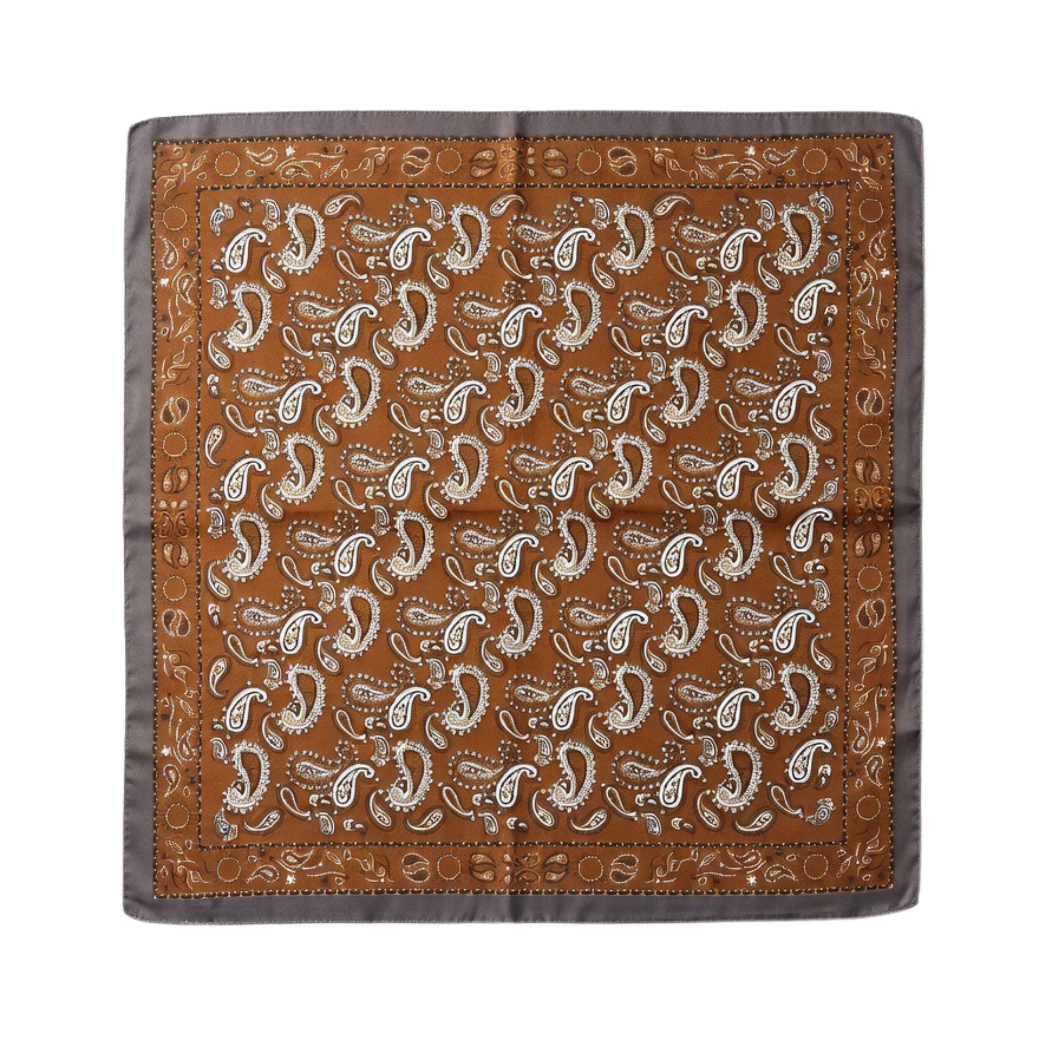 Quadratisches braunes Halstuch mit weißem Paisley-Muster und grauem Rand in der Draufsicht.