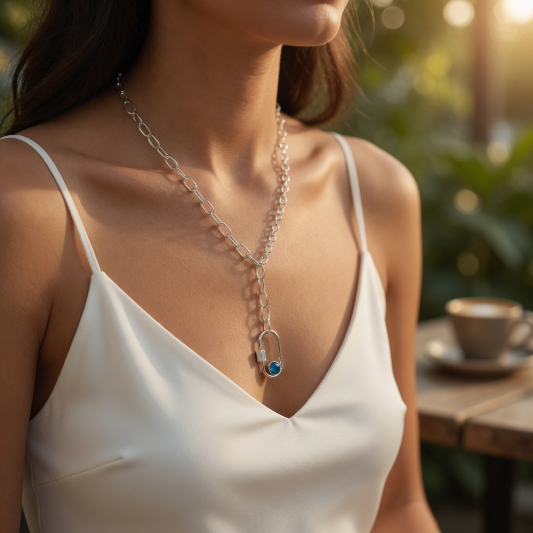 Eine Frau trägt eine silberne Gliederkette mit einem ovalen Karabiner-Anhänger, der mit einem runden, blauen Edelstein besetzt ist. Sie trägt ein elegantes weißes Seidentop; im Hintergrund ist verschwommen ein Kaffeetisch im warmen Sonnenlicht zu sehen.