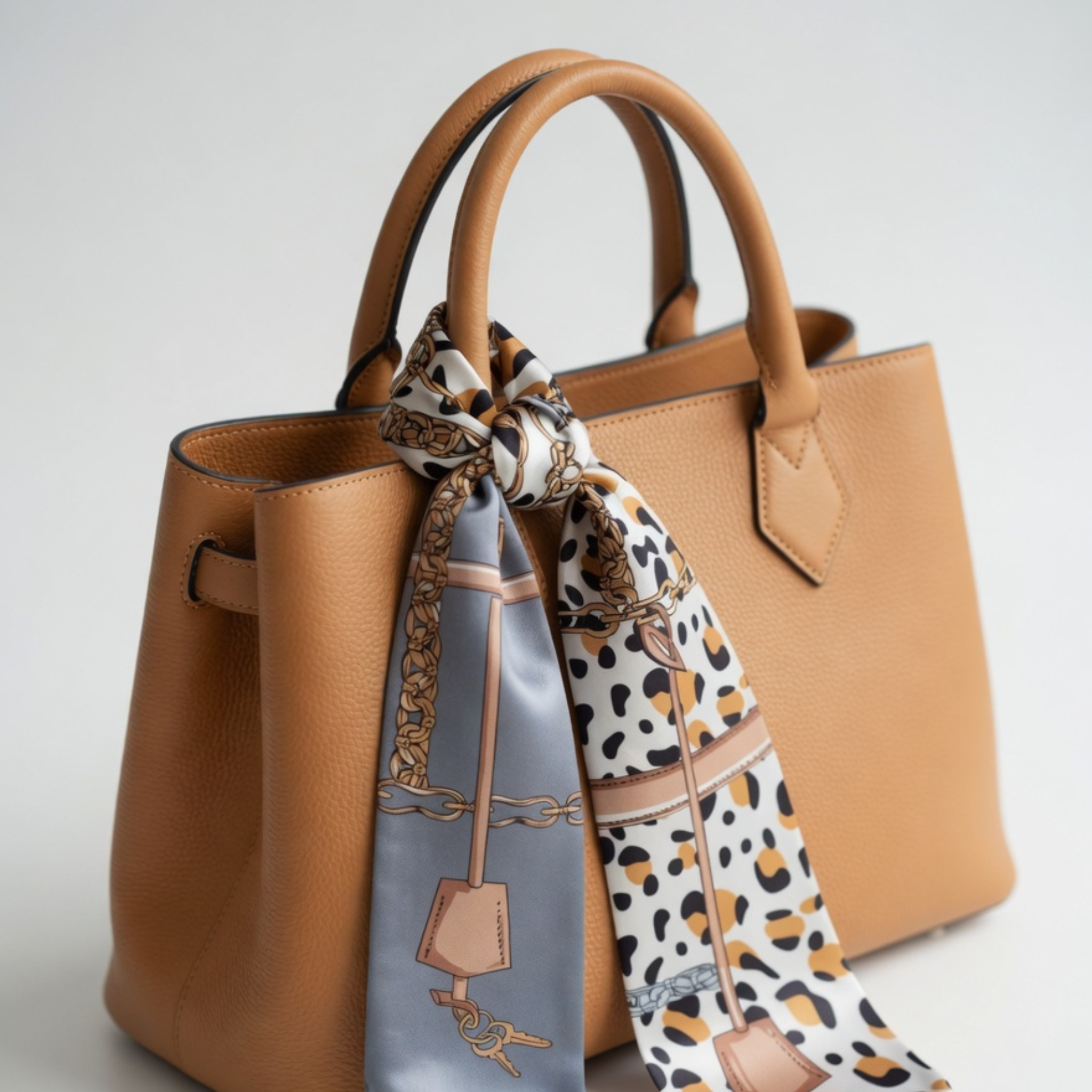 Eine cognacfarbene Handtasche aus Leder, an deren Henkel das schmale Bandana dekorativ verknotet ist. Das Design zeigt einen Kontrast zwischen einer kühlen blau-grauen Seite mit Kettenmotiven und einer cremeweißen Seite mit lebhaftem Leopardenmuster