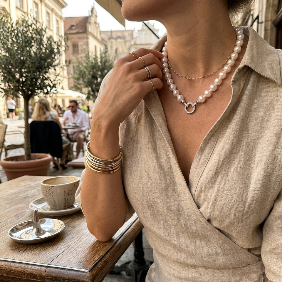 Weiße Perlenkette mit Ringverschluss, getragen zu beiger Bluse in sonniger Café-Ansicht