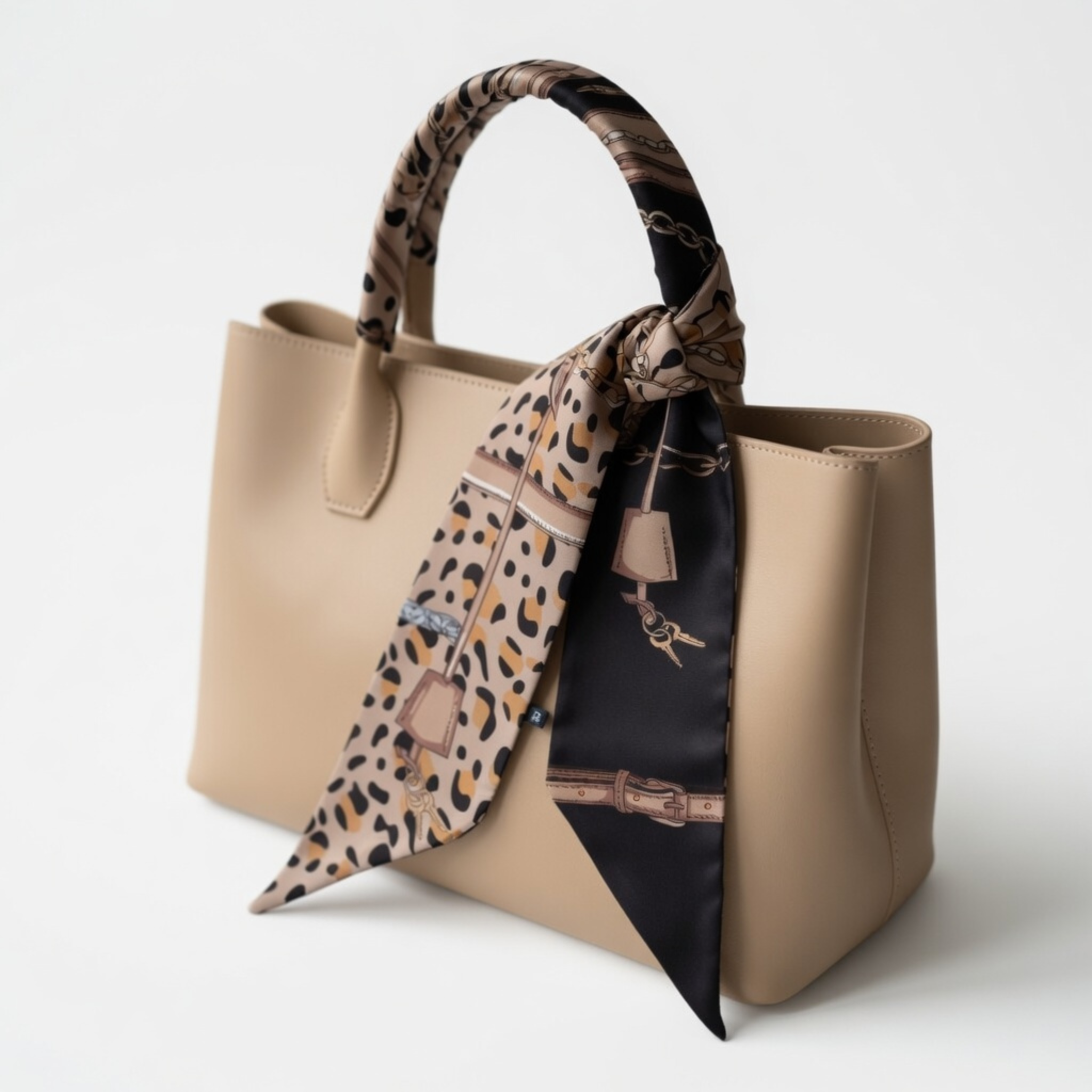 Eine beige Handtasche, deren Henkel kunstvoll mit dem schmalen Bandana umwickelt wurde. Das Leopardenmuster und die schwarze Seite mit Kettenprint hängen als dekorative Enden an der Seite herab und werten die Tasche als stilvolles Accessoire auf.